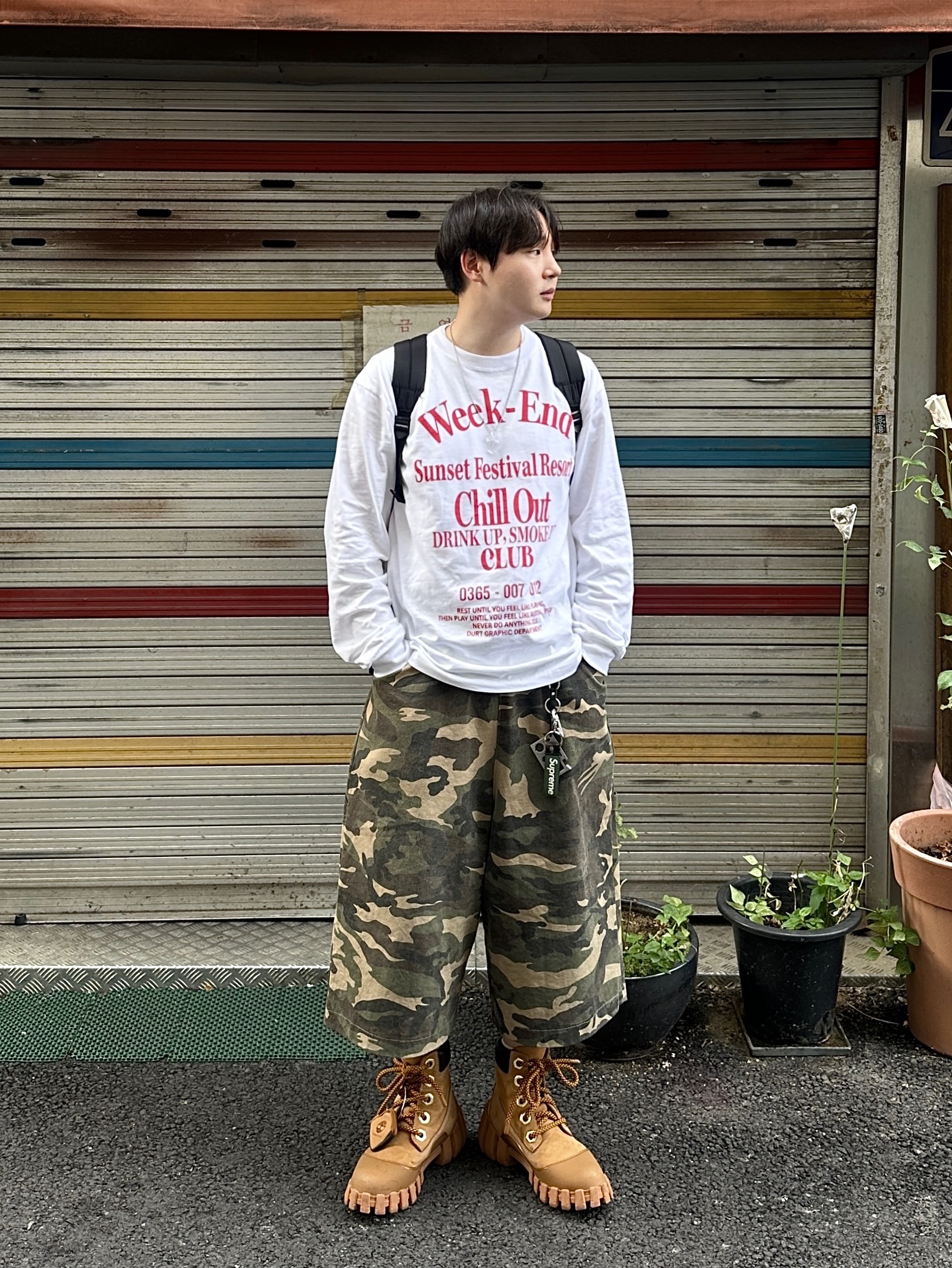 Timberland x Humberto Leon 6 Inch Boot Wheat Nubuck - Medium, Supreme Webbing Keychain Green Camo - 23SS 착용 스타일 - 3