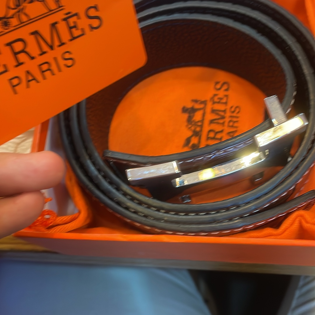 Hermes H D'Ancre Belt Buckle & Reversible Leather Strap 32mm & Silver Noir Chocolat 착용 스타일 - 2