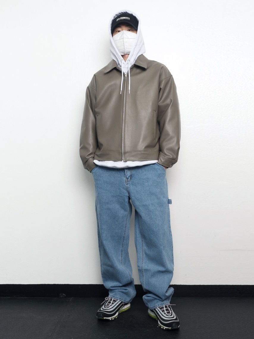 QT8 Garments TL Synthetic Leather Single Jacket Grey Khaki, QT8 Garments TL Denim Carpenter Pant Blue 착용 스타일 - 1