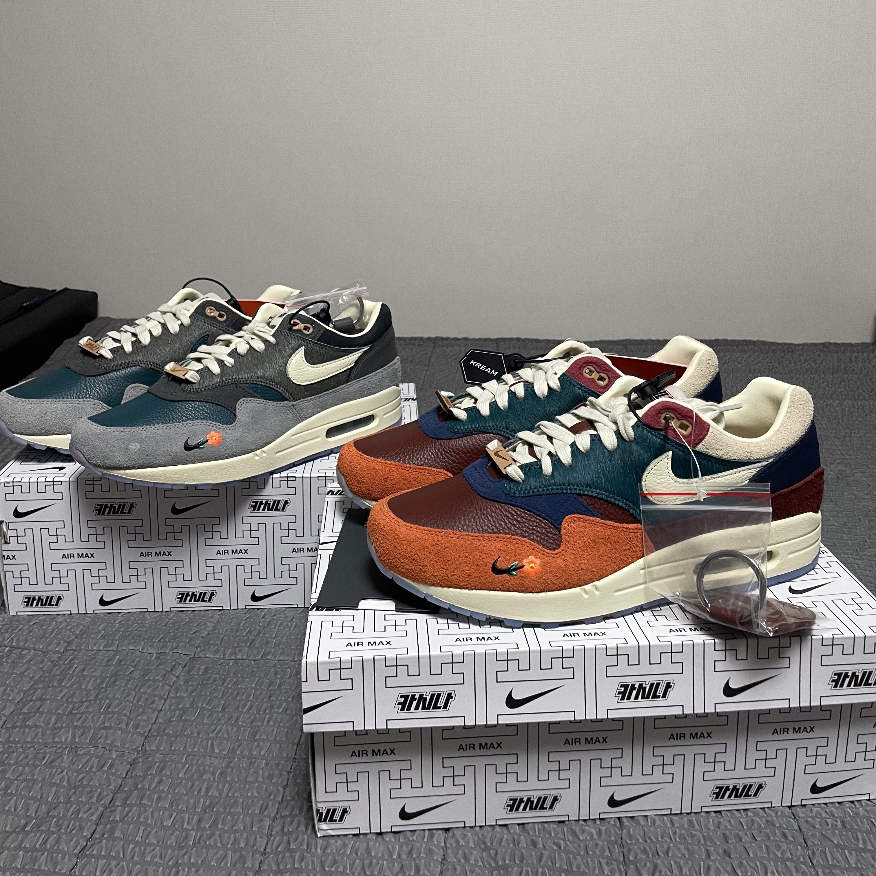 Nike x Kasina Air Max 1 SP Won-Ang Orange, Nike x Kasina Air Max 1 SP Won-Ang Particle Grey 착용 스타일