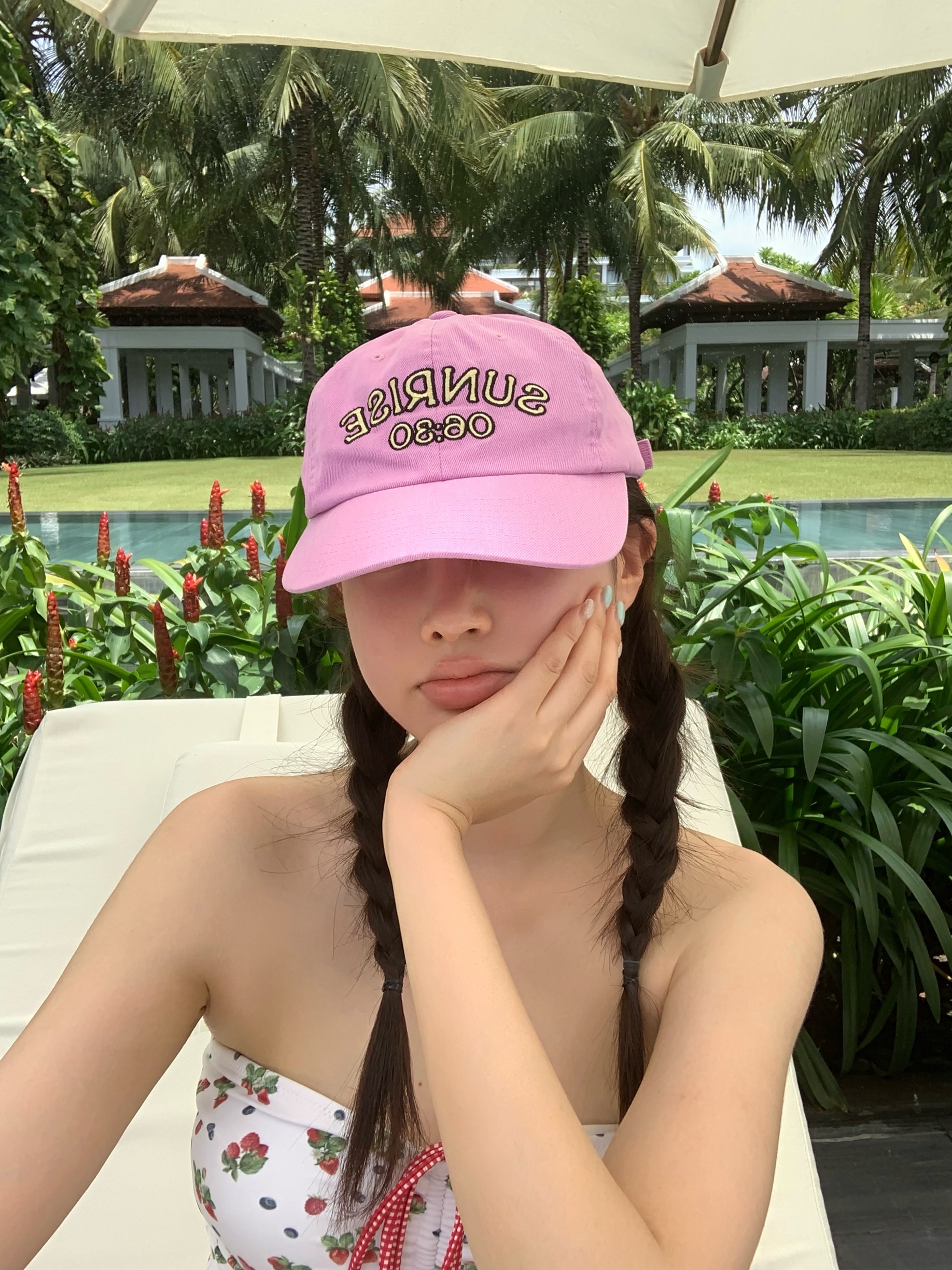 Hello Sunrise Washed Sunrise Time 6Panel Cap Lavender Pink 착용 스타일