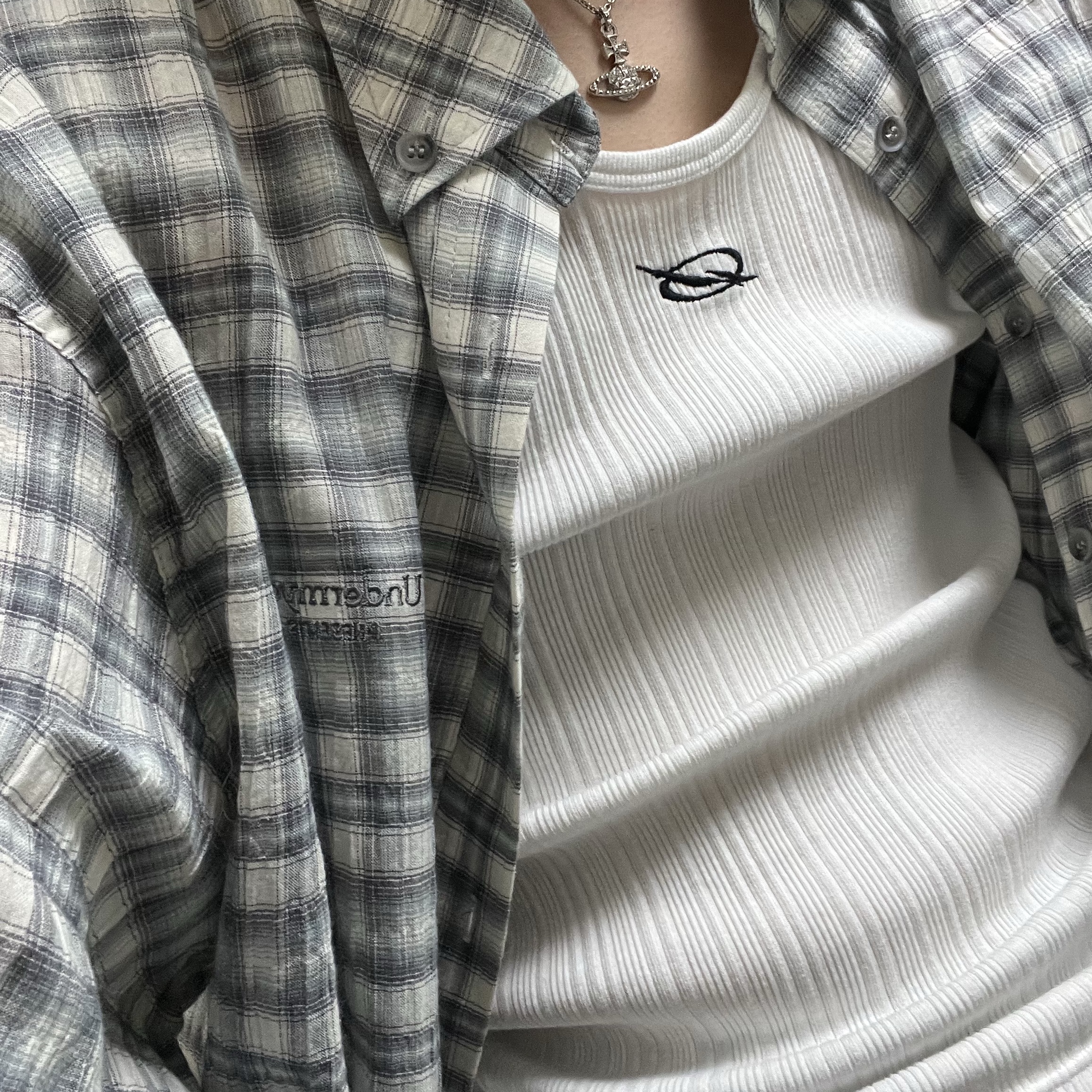 Undermycar Mu.37 Anti Fxxking Logo Play Basic Long Sleeve Check Shirts White Blue 착용 스타일
