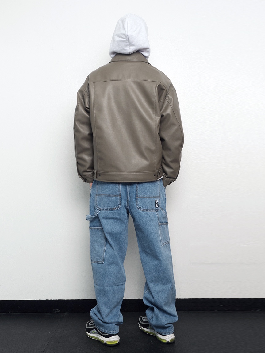 QT8 Garments TL Synthetic Leather Single Jacket Grey Khaki, QT8 Garments TL Denim Carpenter Pant Blue 착용 스타일 - 3
