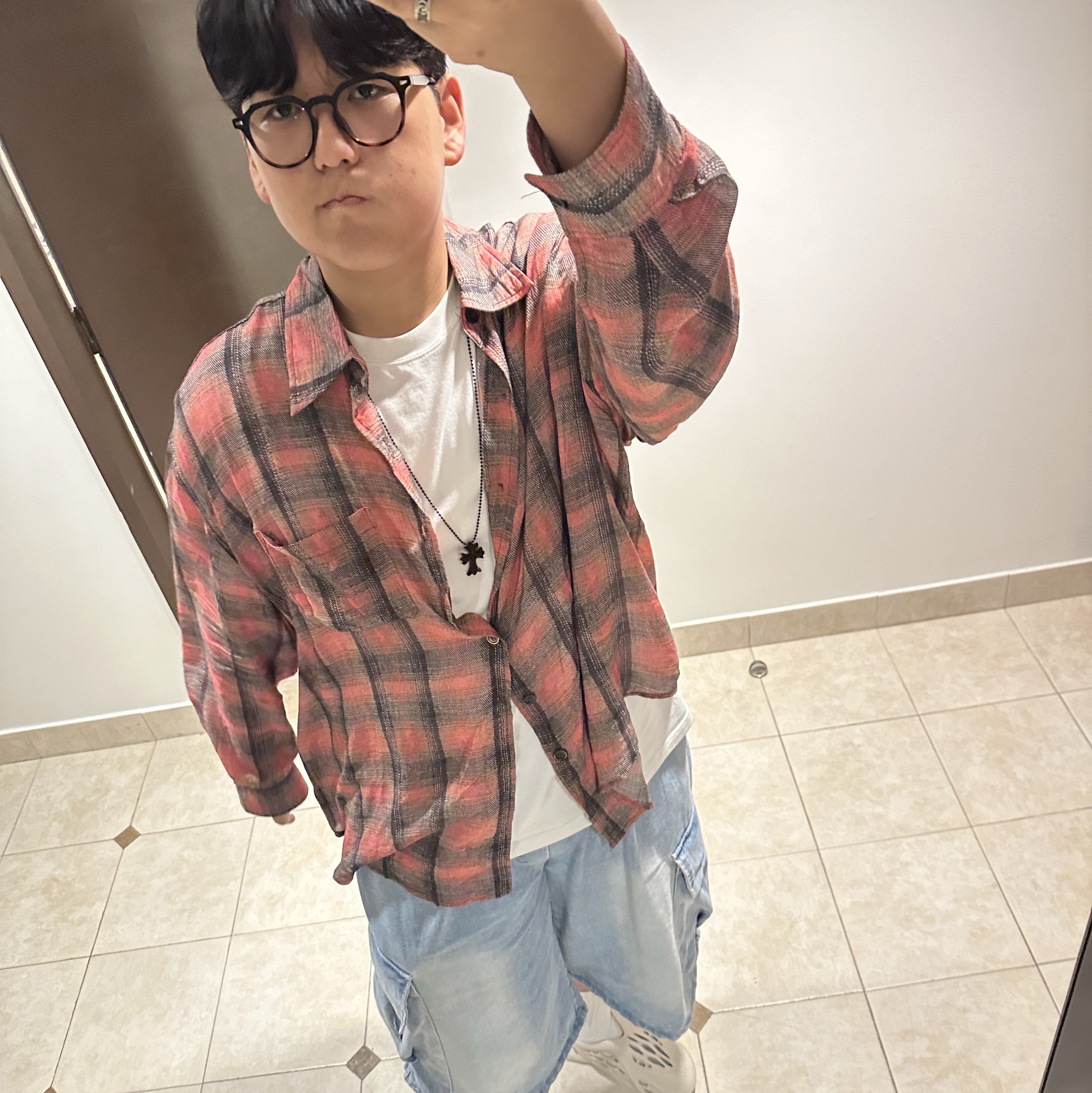 Our Legacy Borrowed Shirt Big Lumbercheck Print, Chrome Hearts Silichrome CH Cross Pendant Black 2022/2023/2025 착용 스타일