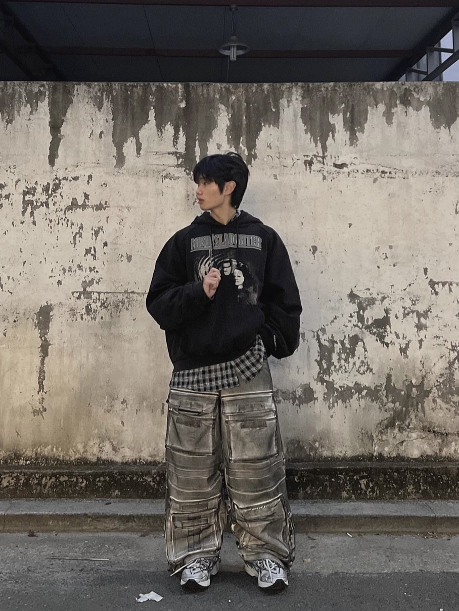 Project G/R Painted Denim Cargo Dirty White, Project G/R Mind Slaughter Vintage Washeed Hoodie Black 착용 스타일