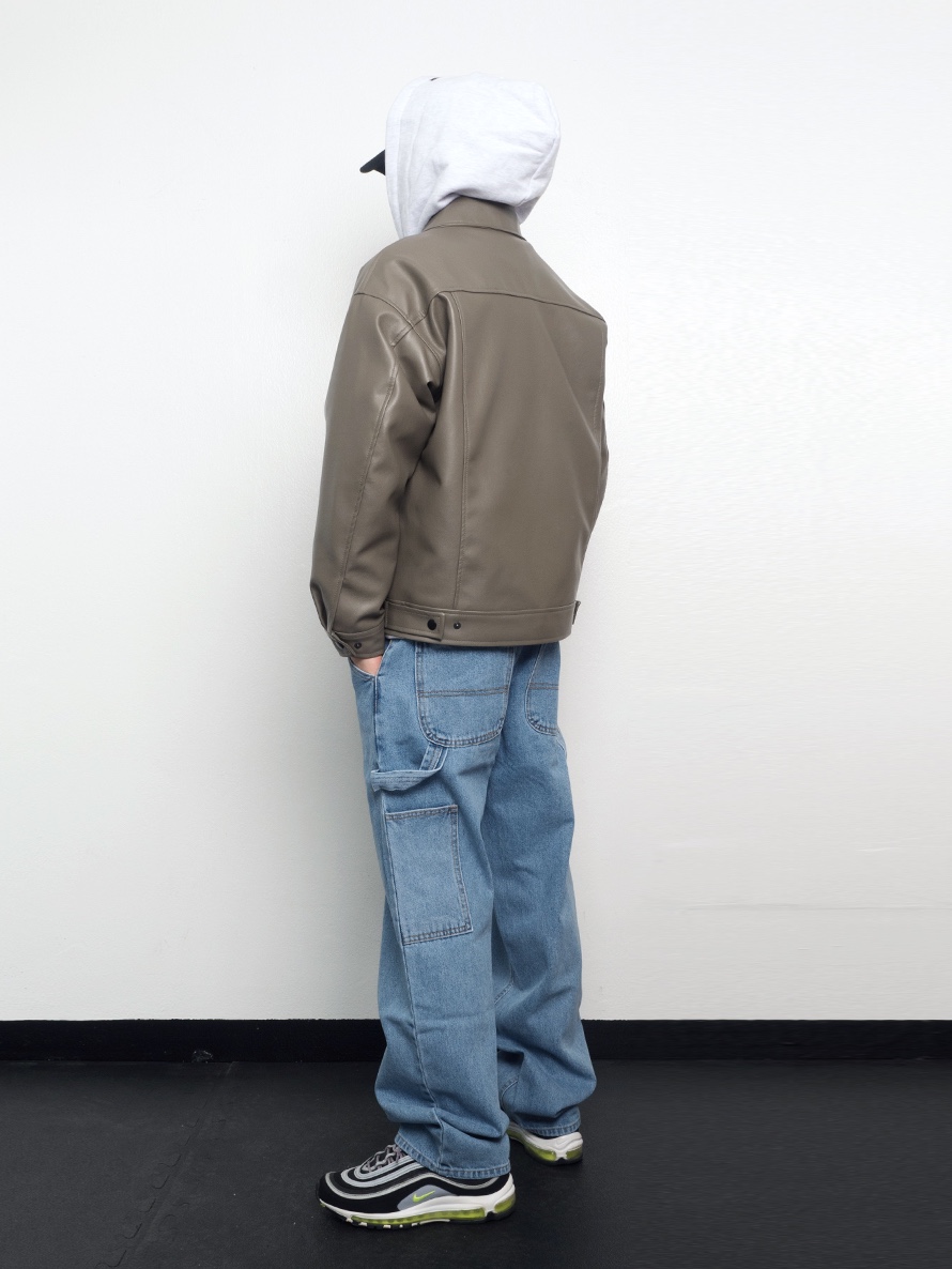 QT8 Garments TL Synthetic Leather Single Jacket Grey Khaki, QT8 Garments TL Denim Carpenter Pant Blue 착용 스타일 - 2