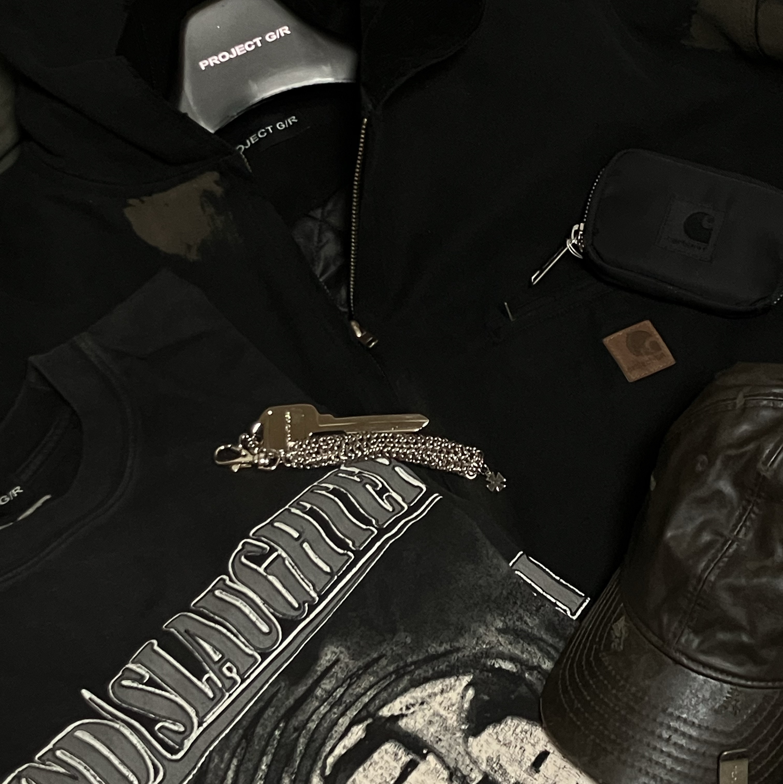Project G/R Distressed Mud Work Jacket Black, Project G/R Money Clip Coated Cap Brown 착용 스타일