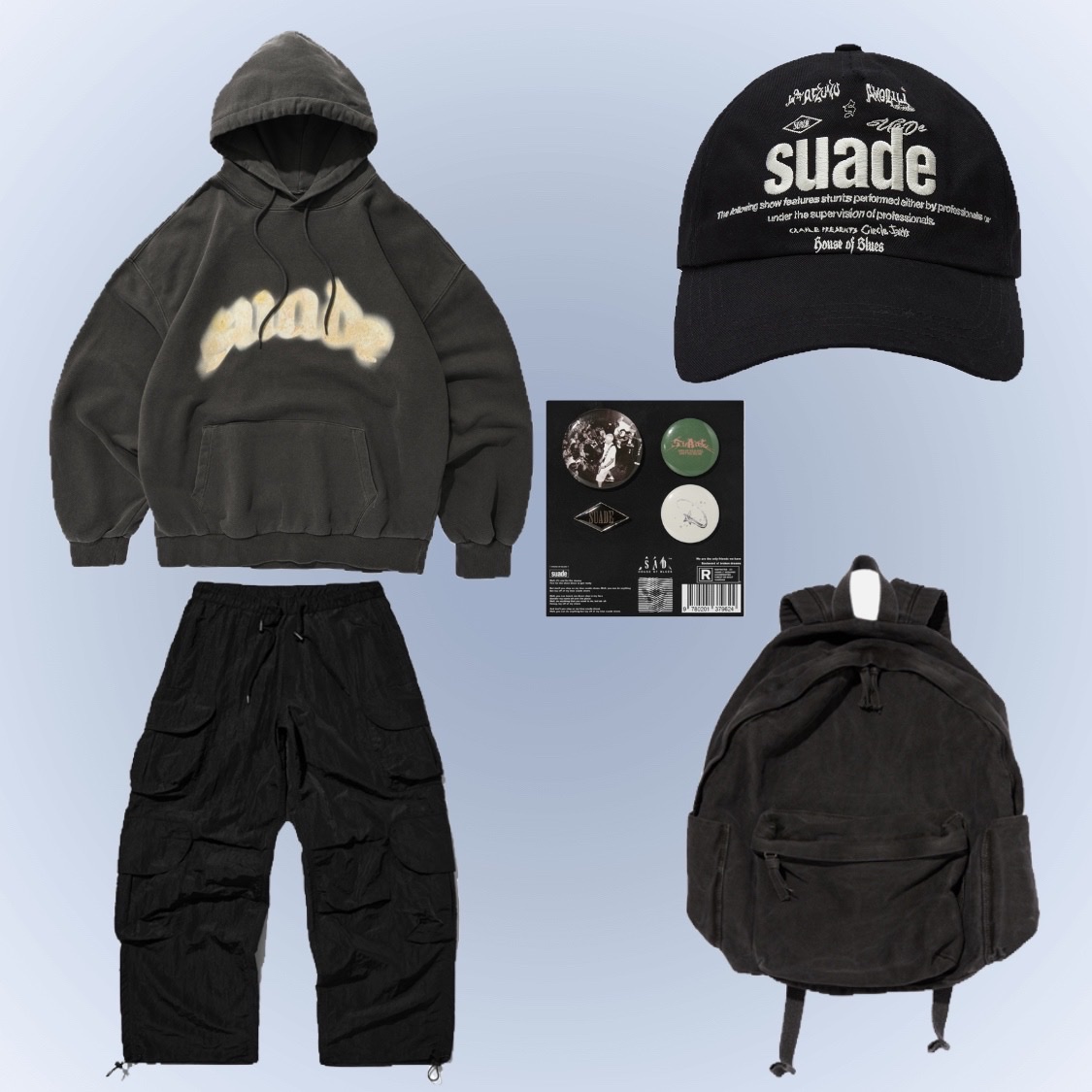 Suade Washed Backpack Charcoal Gray, Suade Pinbadge Set B 착용 스타일