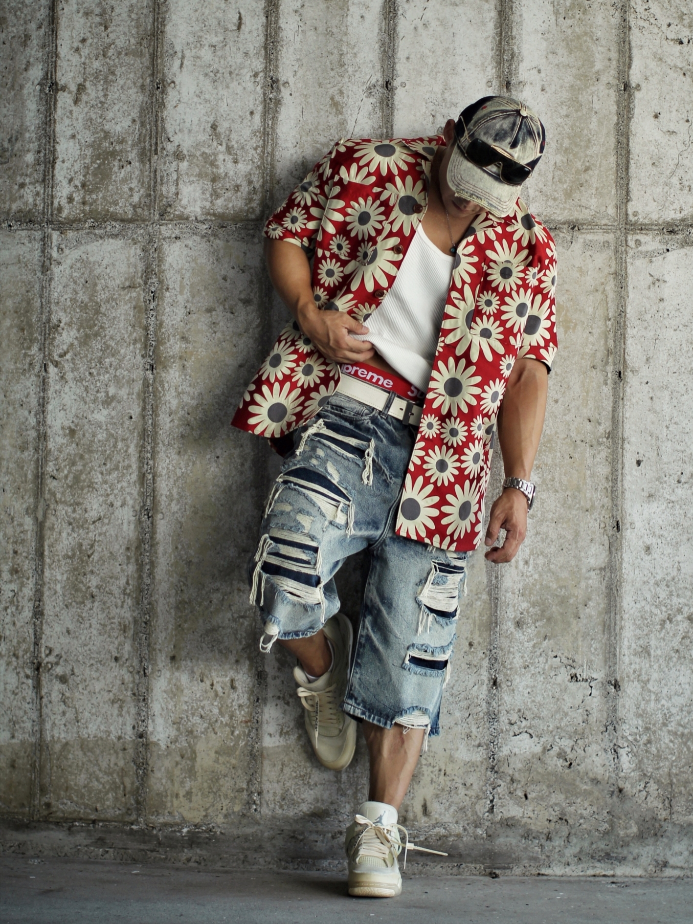 Diesel C-Seymon Treated Denim Baseball Cap Blue White, Supreme Hanes Boxer Briefs White (4 Pack) 착용 스타일 - 1