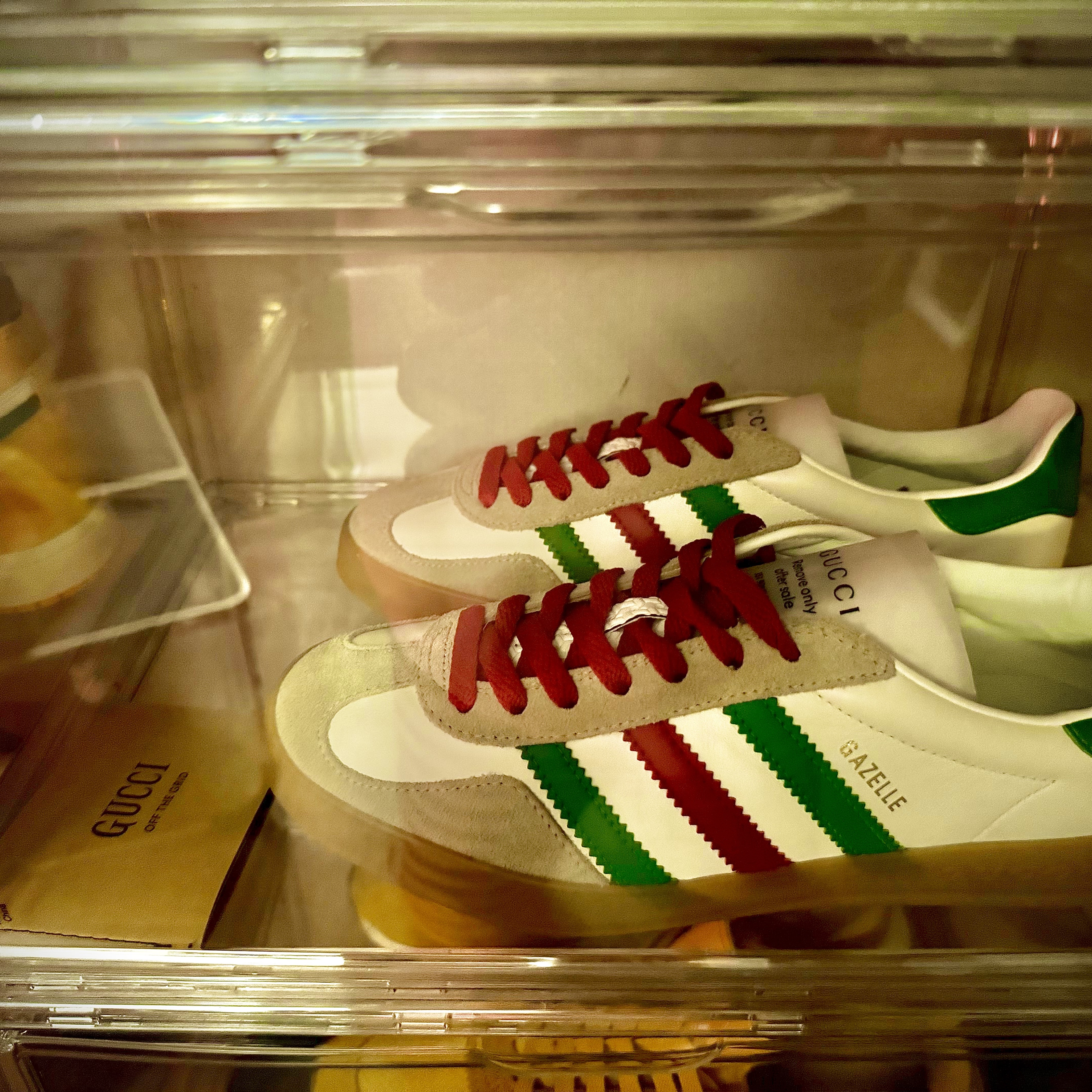 Gucci x Adidas Gazelle Sneakers White Leather Oatmeal Suede 착용 스타일