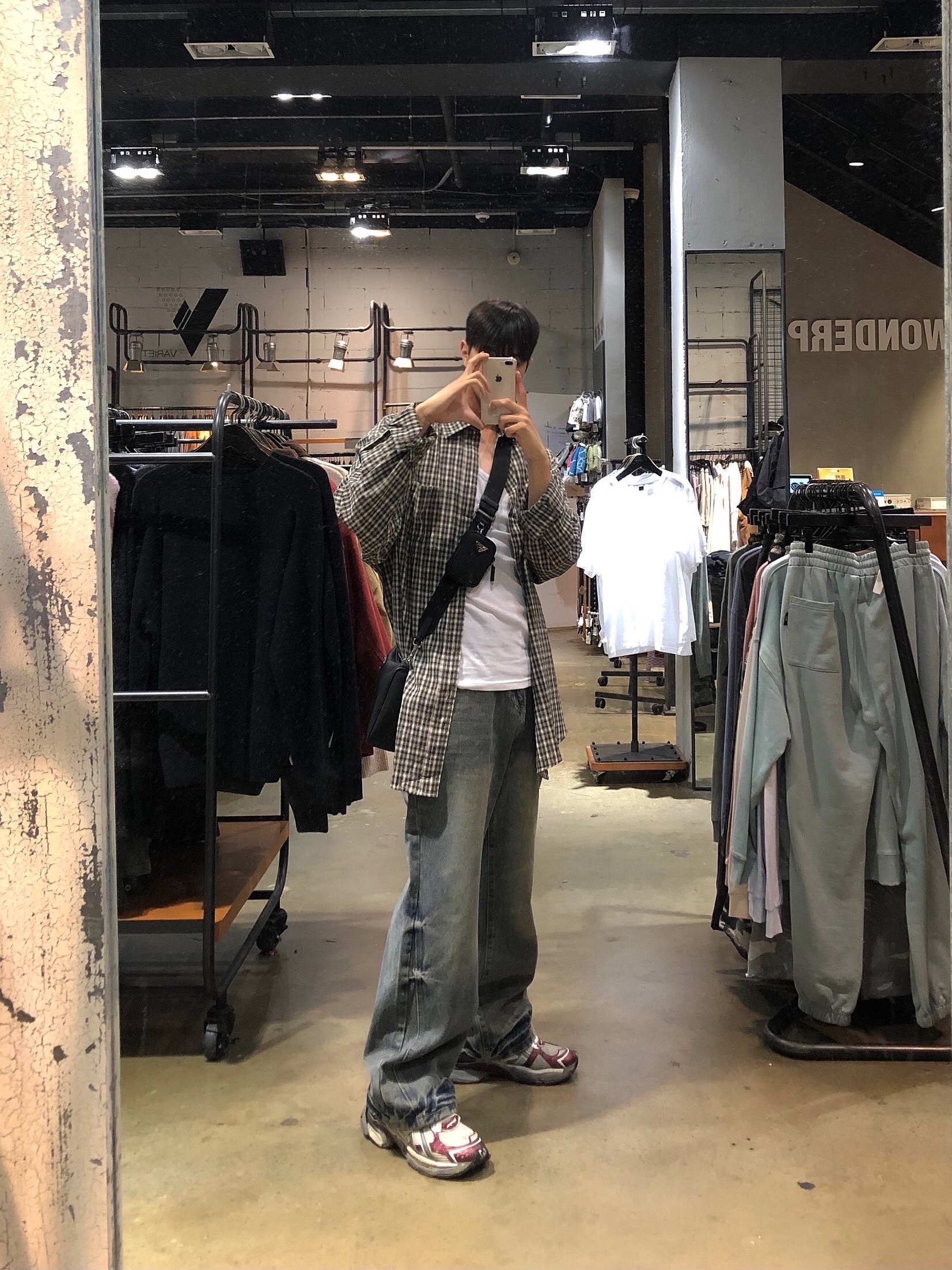 Prada Re-Nylon and Saffiano Leather Shoulder Bag Black, Balenciaga Runner Sneakers Grey Burgundy 착용 스타일