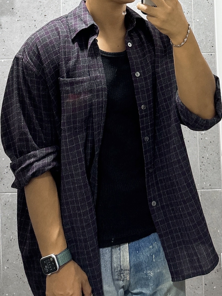 Our Legacy Borrowed BD Shirt Sophomore Check Rural Wool, Our Legacy Third Cut Digital Denim Print 착용 스타일 - 2