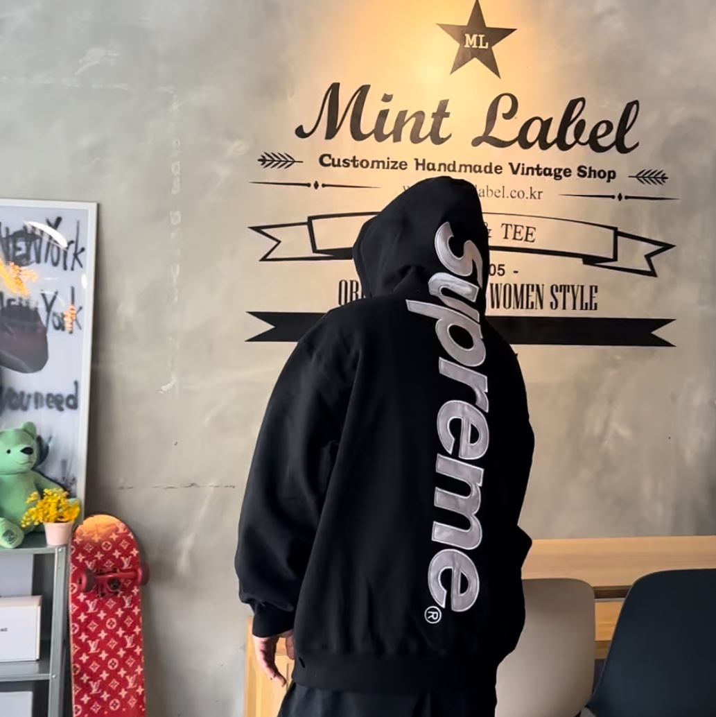 Supreme Satin Applique Hooded Sweatshirt Black - 24FW 착용 스타일