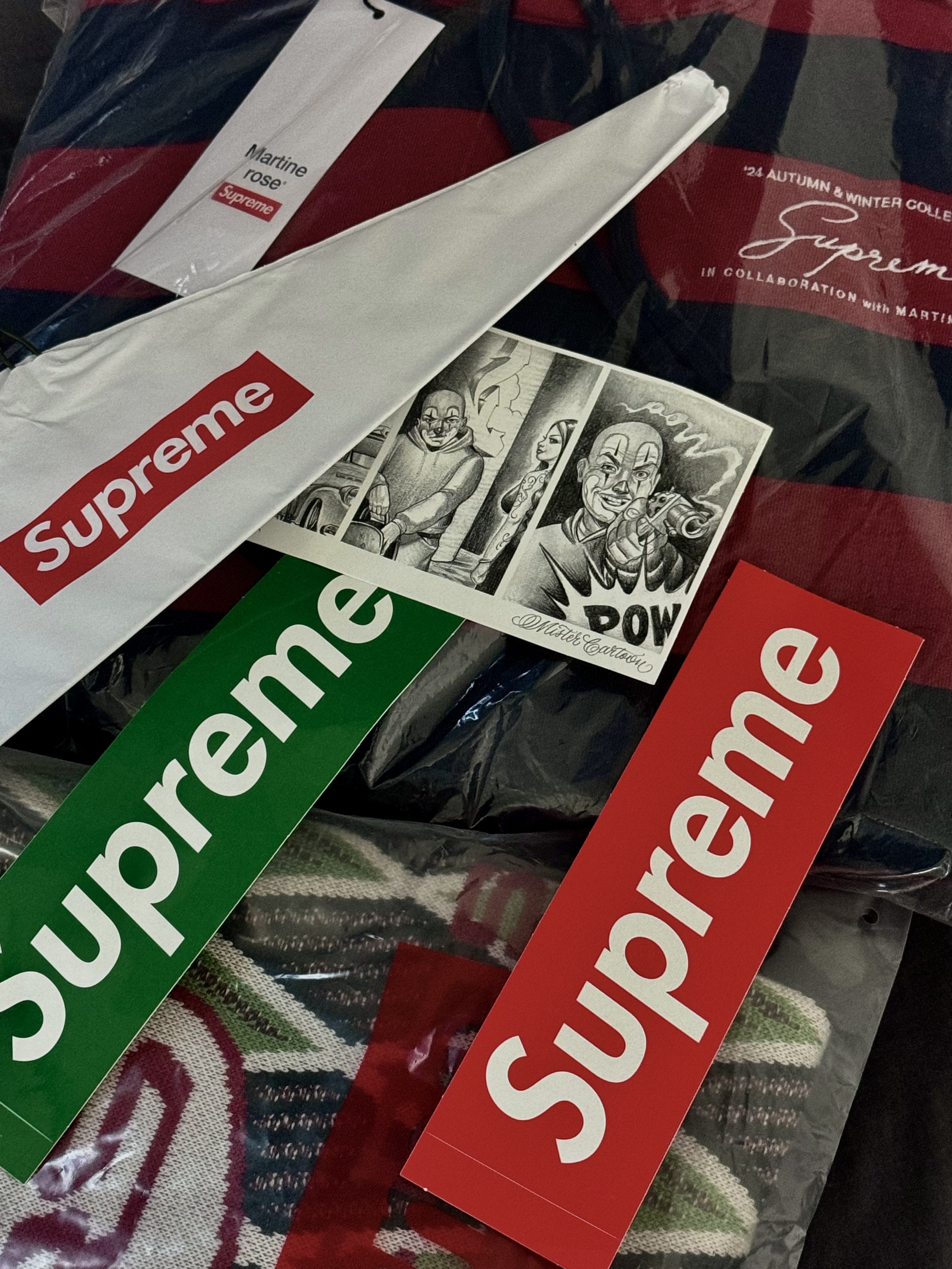 Supreme x Martine Rose Sweater Stone - 24FW, Supreme x Martine Rose Hooded Sweatshirt Stripe - 24FW 착용 스타일 - 2