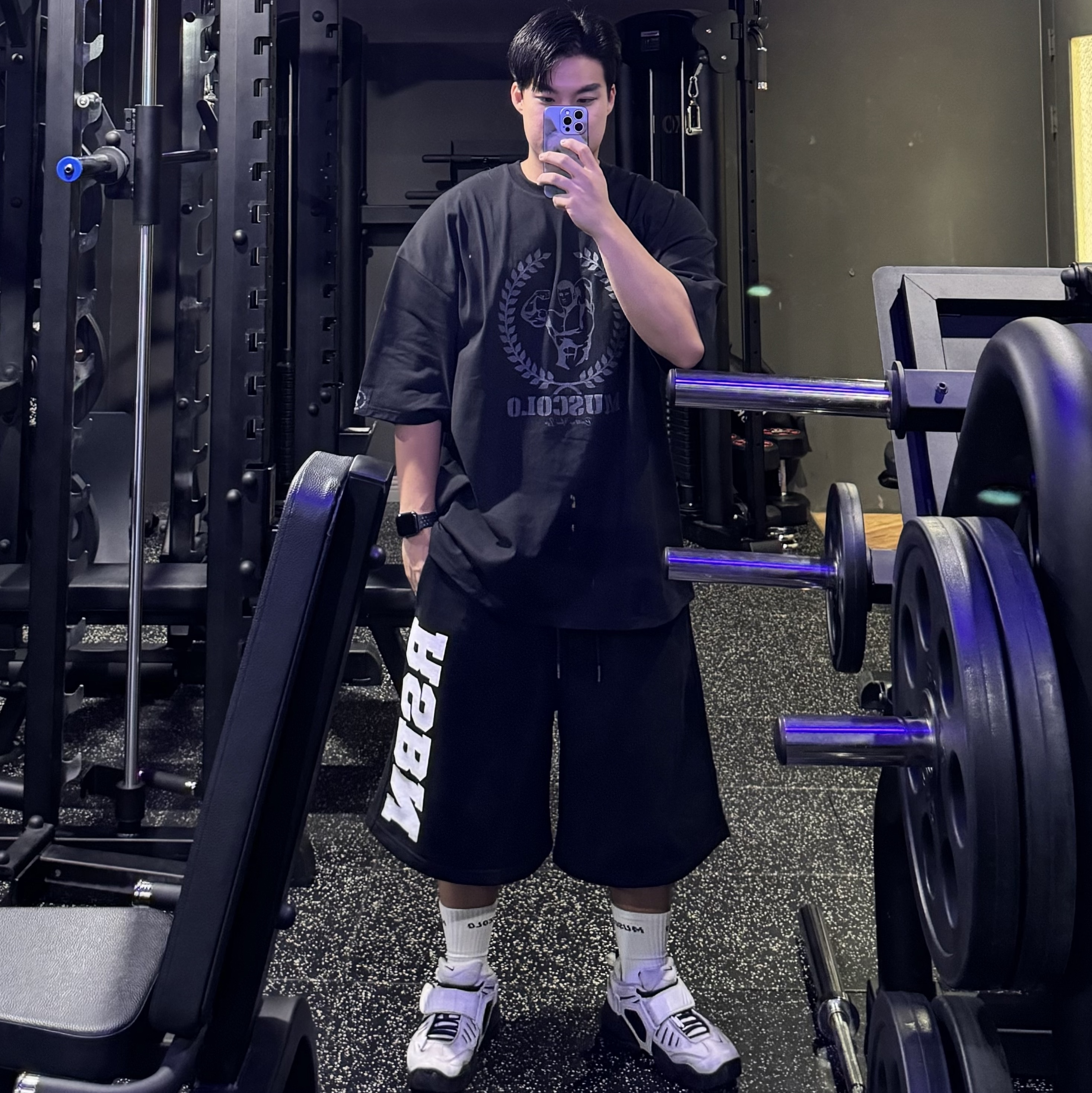 Nike x Ambush Air Adjust Force SP Summit White and Black, BORN TO WIN RSBN Half Pants Long Ver Black 착용 스타일