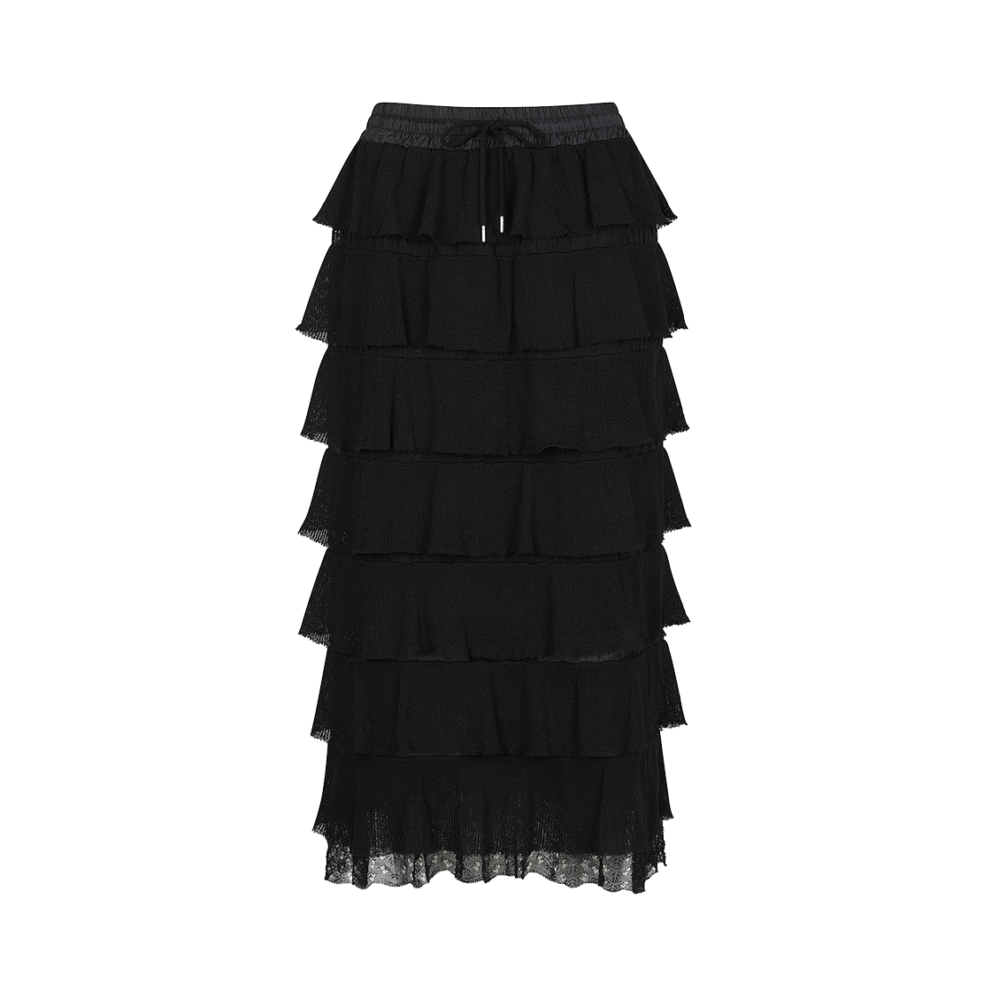 오다카 우먼 레이시 프릴 스커트 블랙 - 24FW(Odakha Women Lacy Frilled Skirt Black - 24FW)