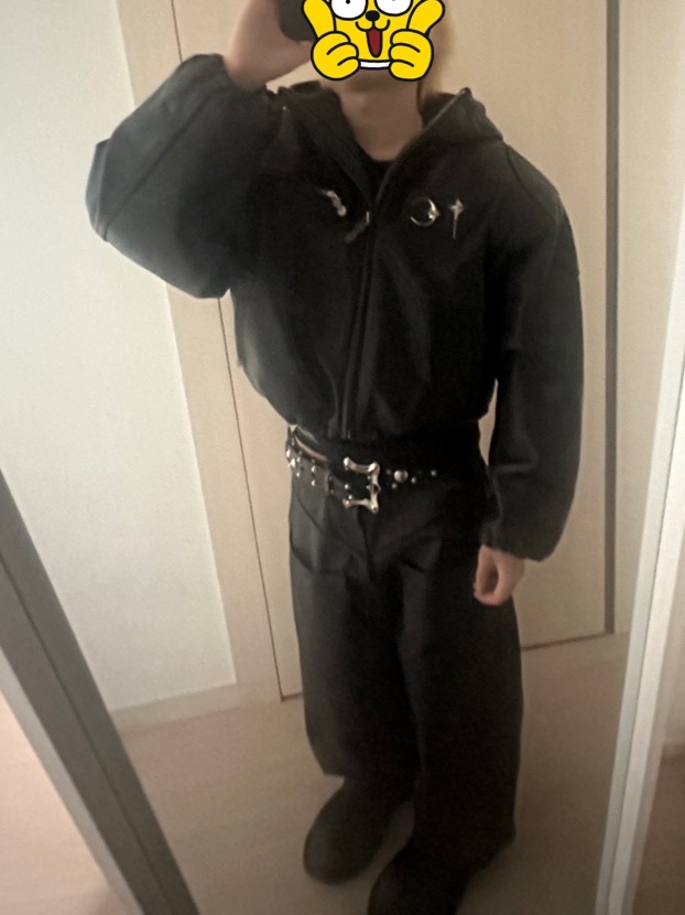 Thug Club Big Rock Leather Jacket Black, Project G/R Coated Backward Denim Pants Black 착용 스타일