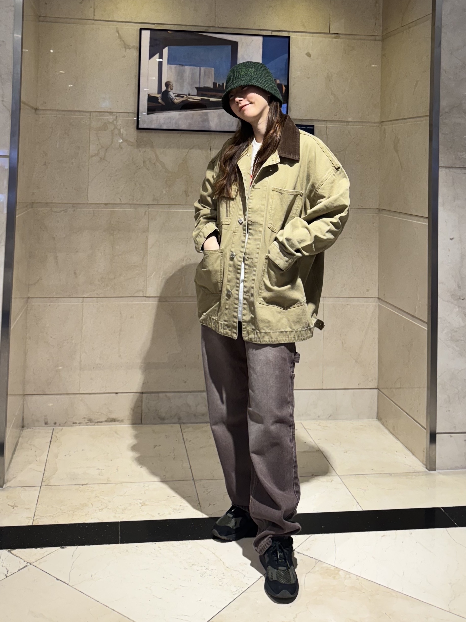 QT8 GARMENTS TL Washed Work Chore Jacket Beige, QT8 GARMENTS TL Denim Carpenter Pant Brown 착용 스타일 - 3
