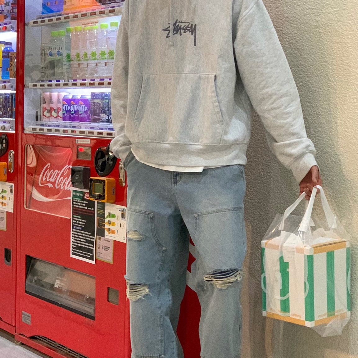 Stussy Stock Logo Applique Hoodie Ash Heather Silver 착용 스타일 - 3