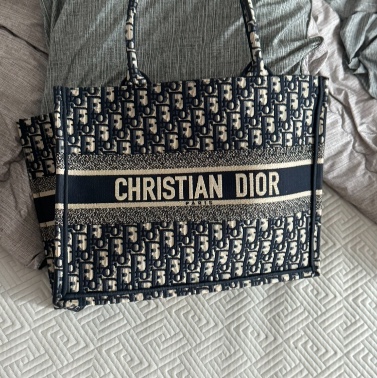 Dior Medium Book Tote Blue Dior Oblique Embroidery 착용 스타일