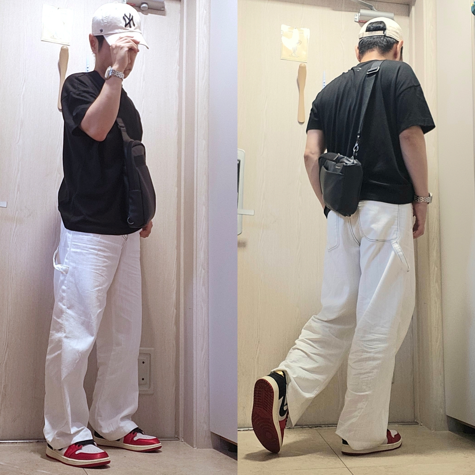 Jordan 1 x Trophy Room Retro Low OG SP Sail Varsity Red, Essentials T-Shirt Black - 24SS 착용 스타일