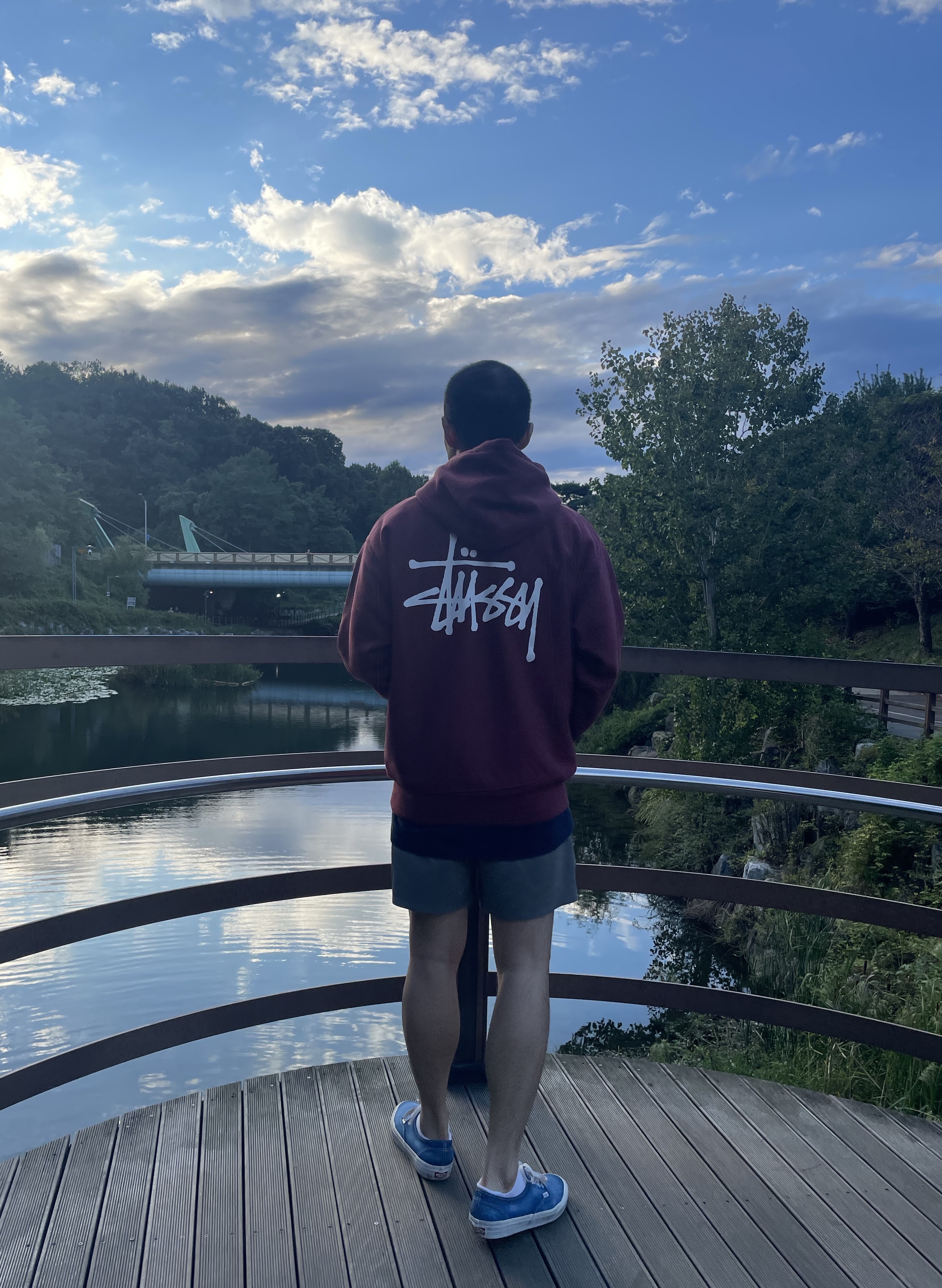 Stussy Basic Stussy Hoodie Oxblood 2024, Vans Authentic Wave Washed Blue 착용 스타일 - 2