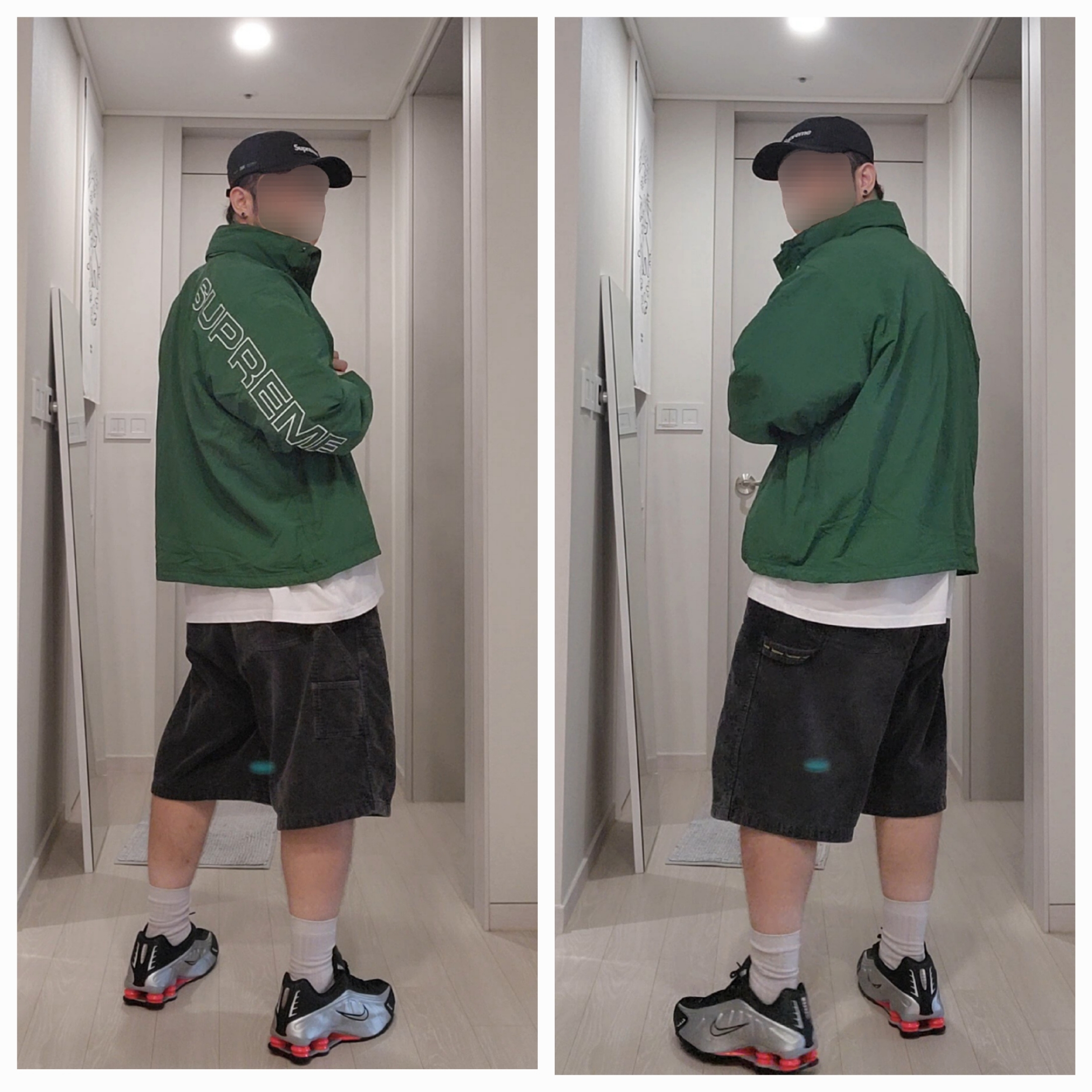 Supreme Spellout Embroidered Track Jacket Dark Green - 24FW, Nike Shox R4 Black and Metallic Silver 착용 스타일 - 2