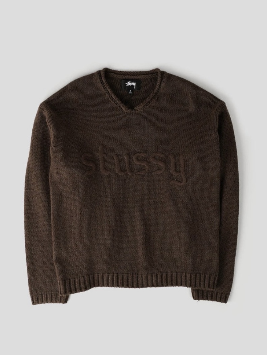 Stussy Embroidered V-Neck Logo Sweater Brown 착용 스타일