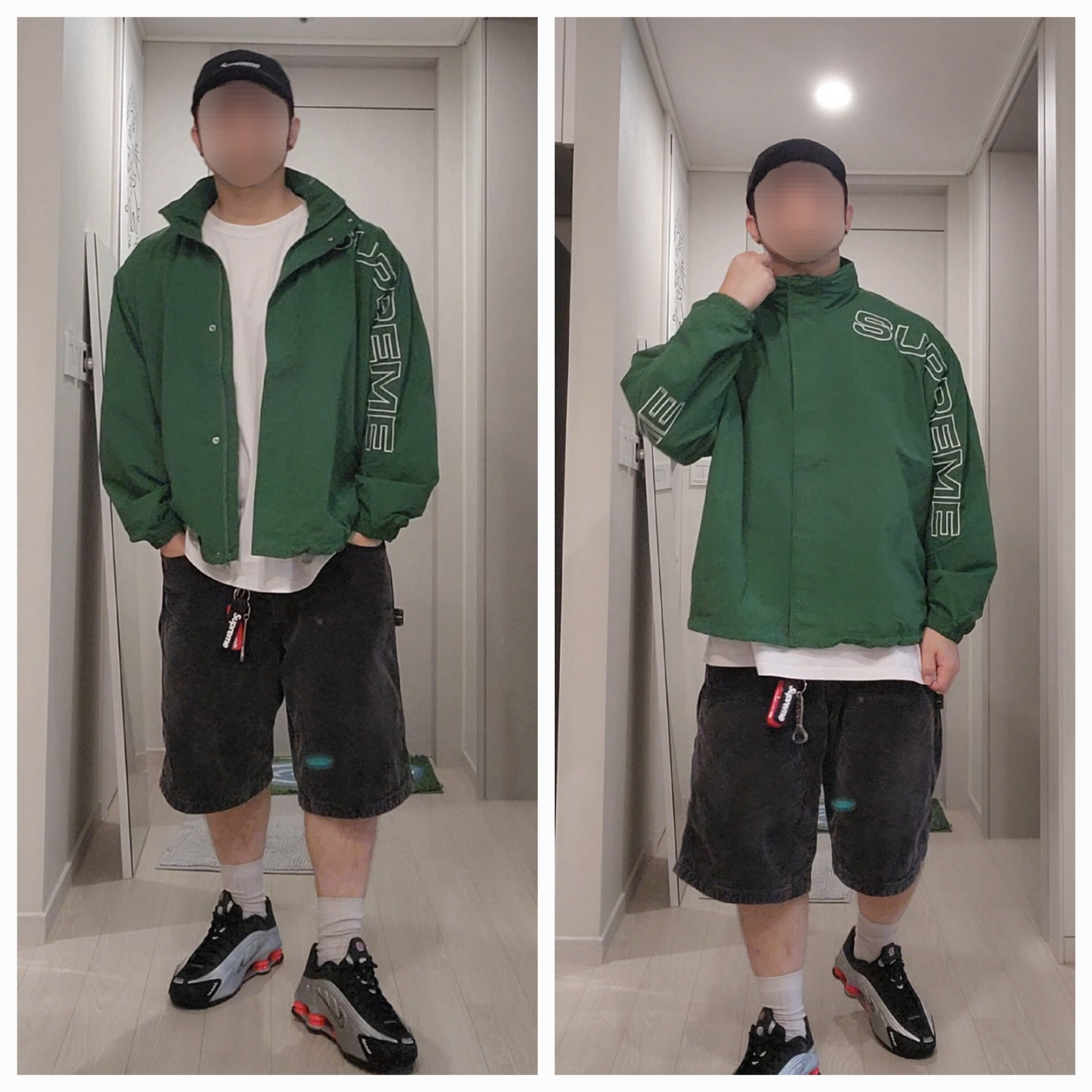 Supreme Spellout Embroidered Track Jacket Dark Green - 24FW, Nike Shox R4 Black and Metallic Silver 착용 스타일 - 3