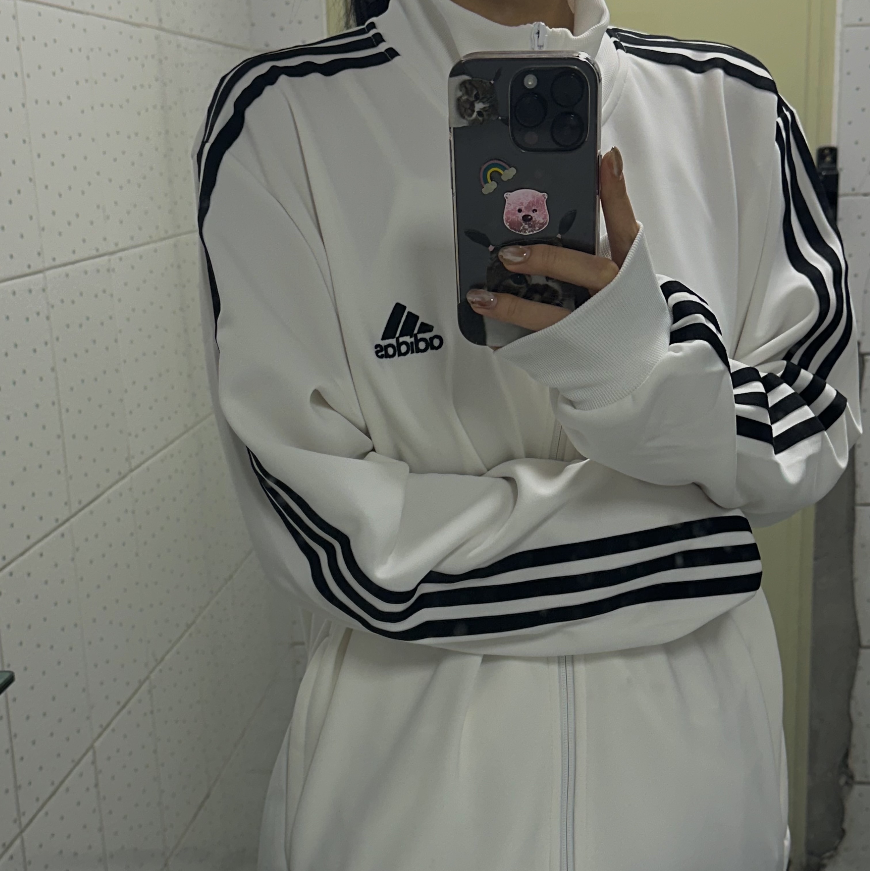 Adidas 3S Regular Fit Double Knit Track Top White - KR Sizing 착용 스타일