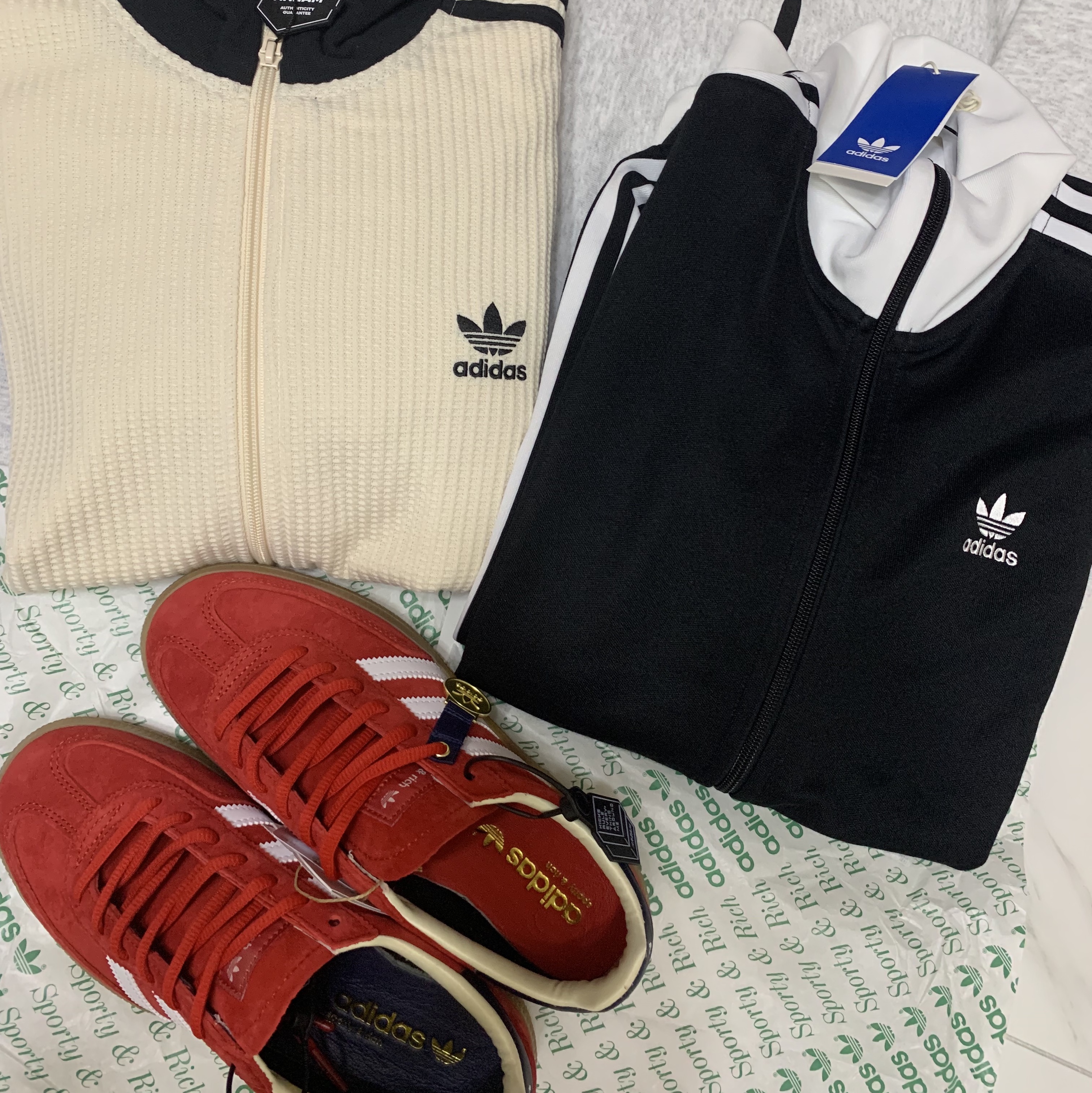 Adidas Waffle Beckenbauer Track Top Wonder White - KR Sizing, Adidas x Sporty & Rich Spezial Handball Collegiate Red Night Indigo 착용 스타일 - 2
