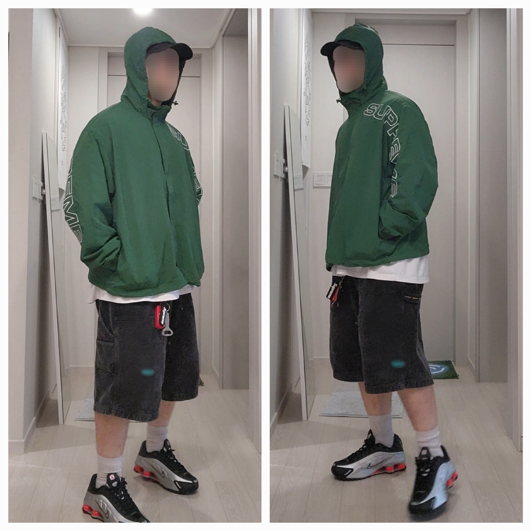 Supreme Spellout Embroidered Track Jacket Dark Green - 24FW, Nike Shox R4 Black and Metallic Silver 착용 스타일 - 1