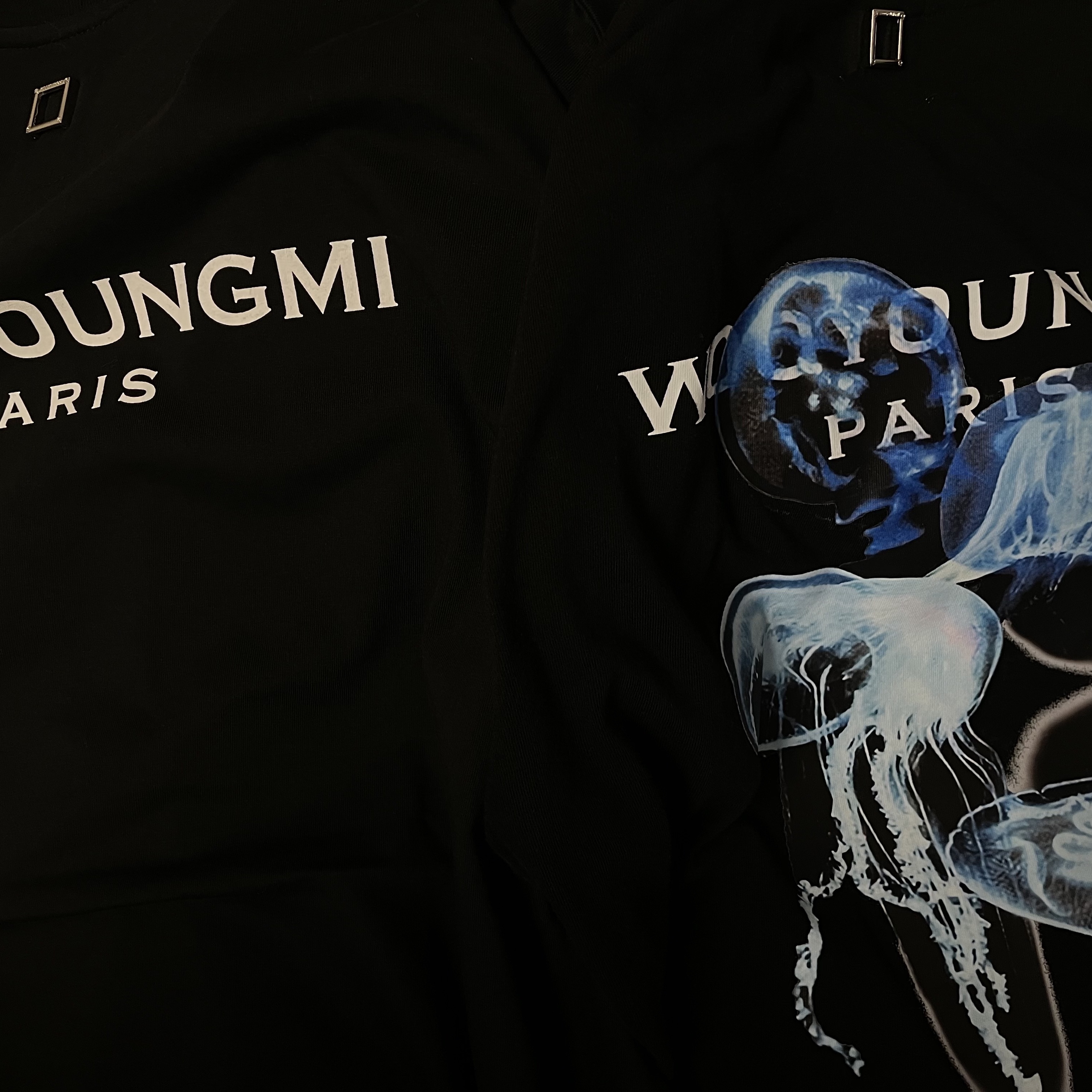 Wooyoungmi Luminous Jellyfish Back Logo T-Shirt Black - 24SS, Wooyoungmi Cotton Back Logo T-Shirt Black - 24SS 착용 스타일