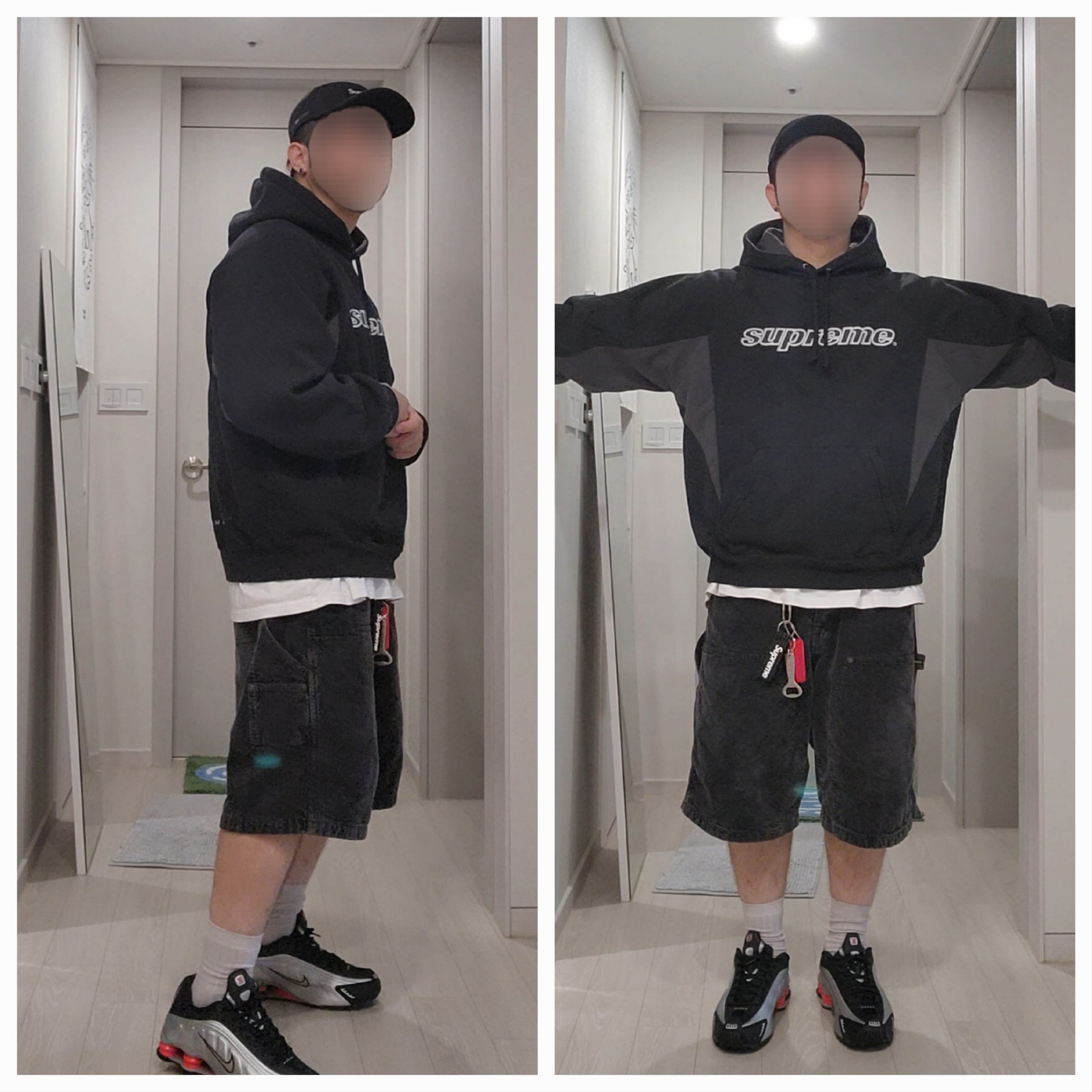 Supreme Division Hooded Sweatshirt Black - 24FW, Nike Shox R4 Black and Metallic Silver 착용 스타일 - 2