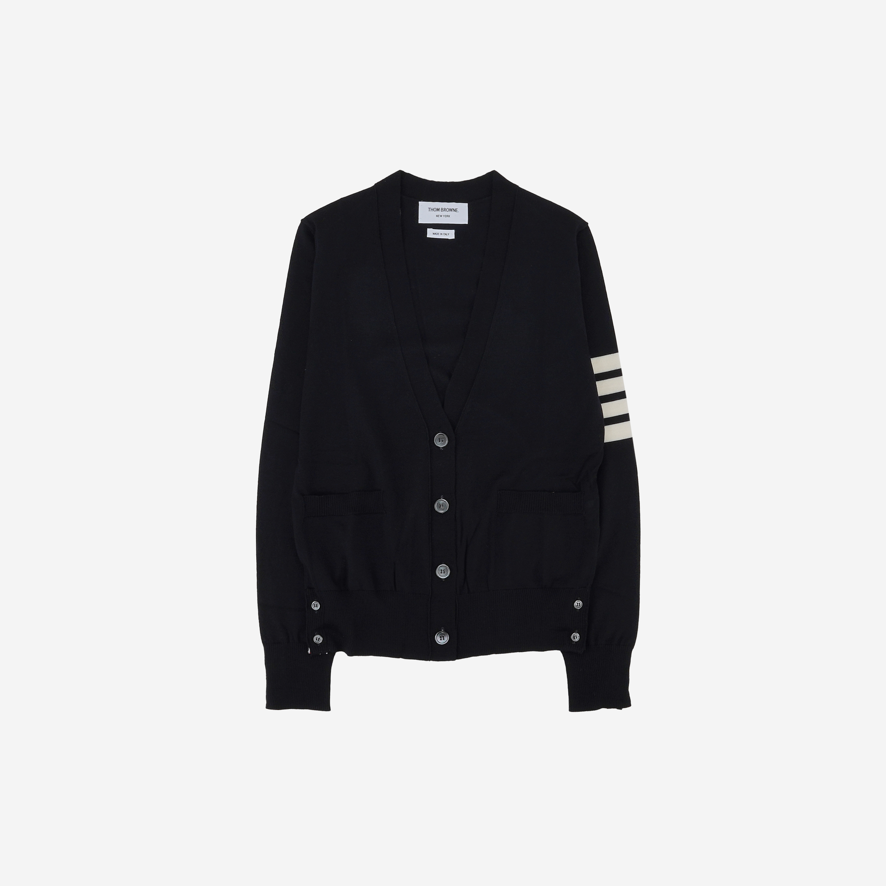 (W) Thom Browne Sustainable Fine Merino Wool 4-Bar Relaxed Fit V-Neck Cardigan Navy