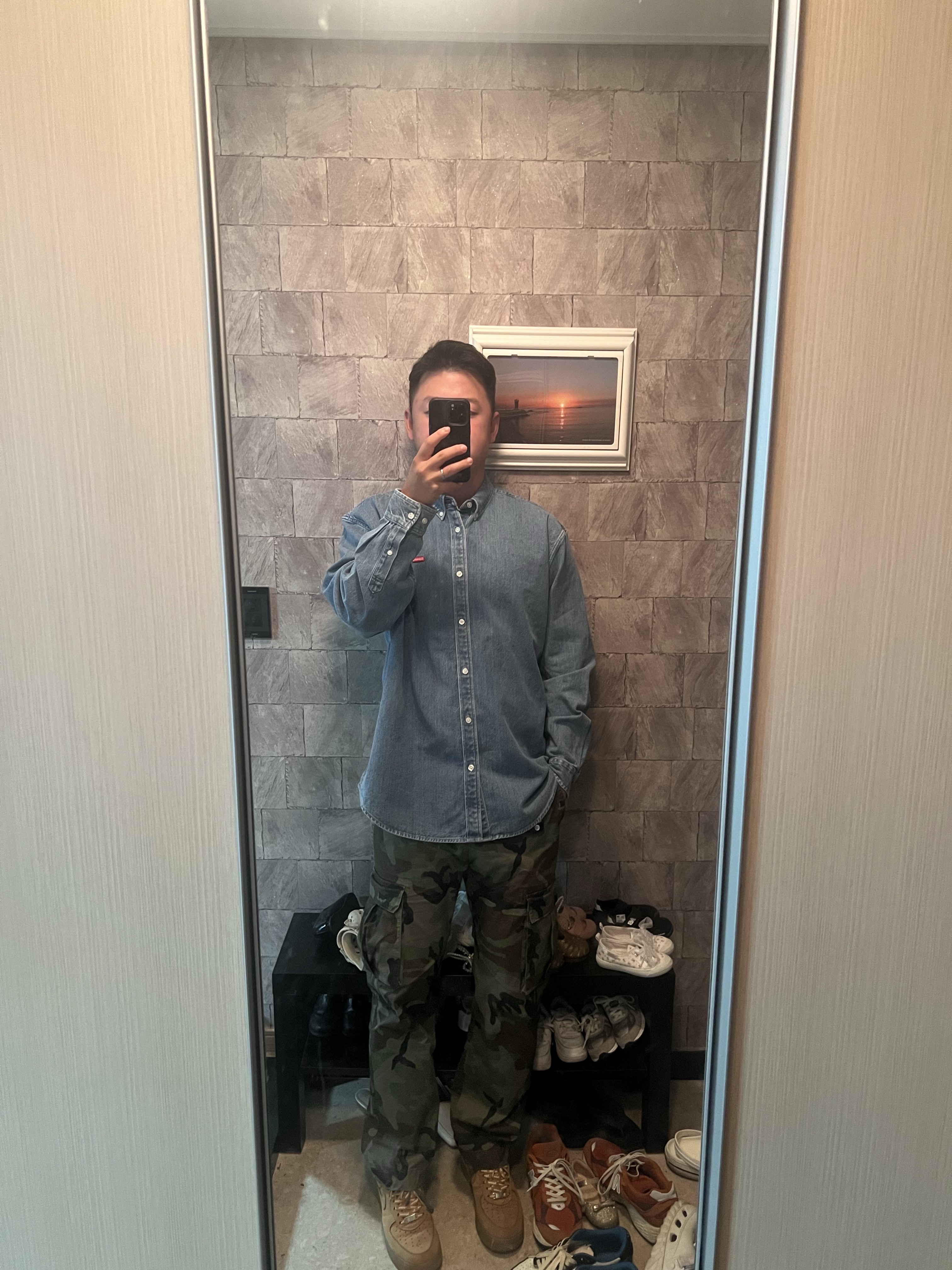 Supreme Small Box Shirt Denim - 23FW, Nike x Supreme Air Force 1 Low Flax 착용 스타일