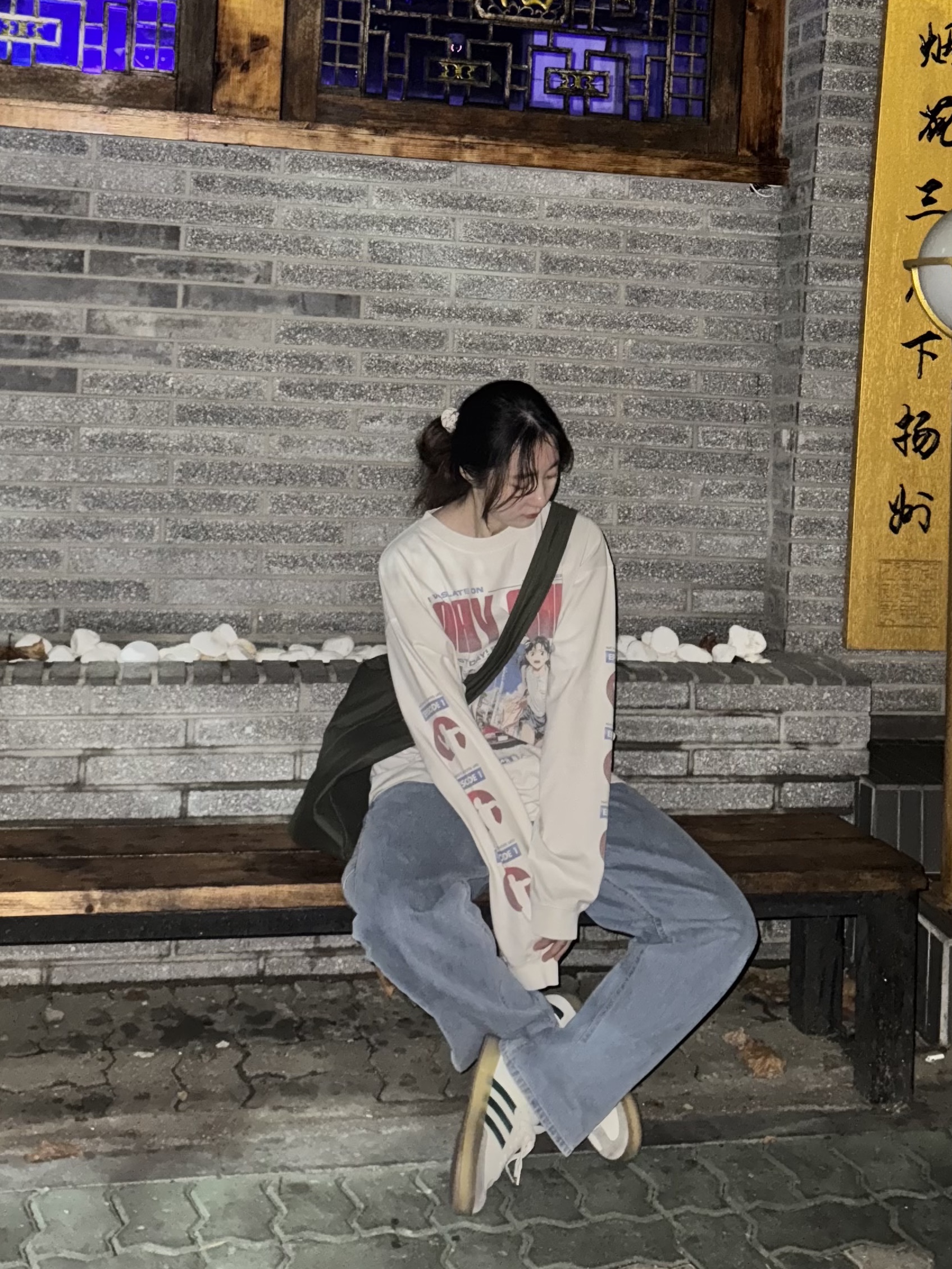 QT8 GARMENTS TL Day-1 Vintage Washed Long Sleeve Ecru, QT8 Garments TL Denim Carpenter Pant Blue 착용 스타일