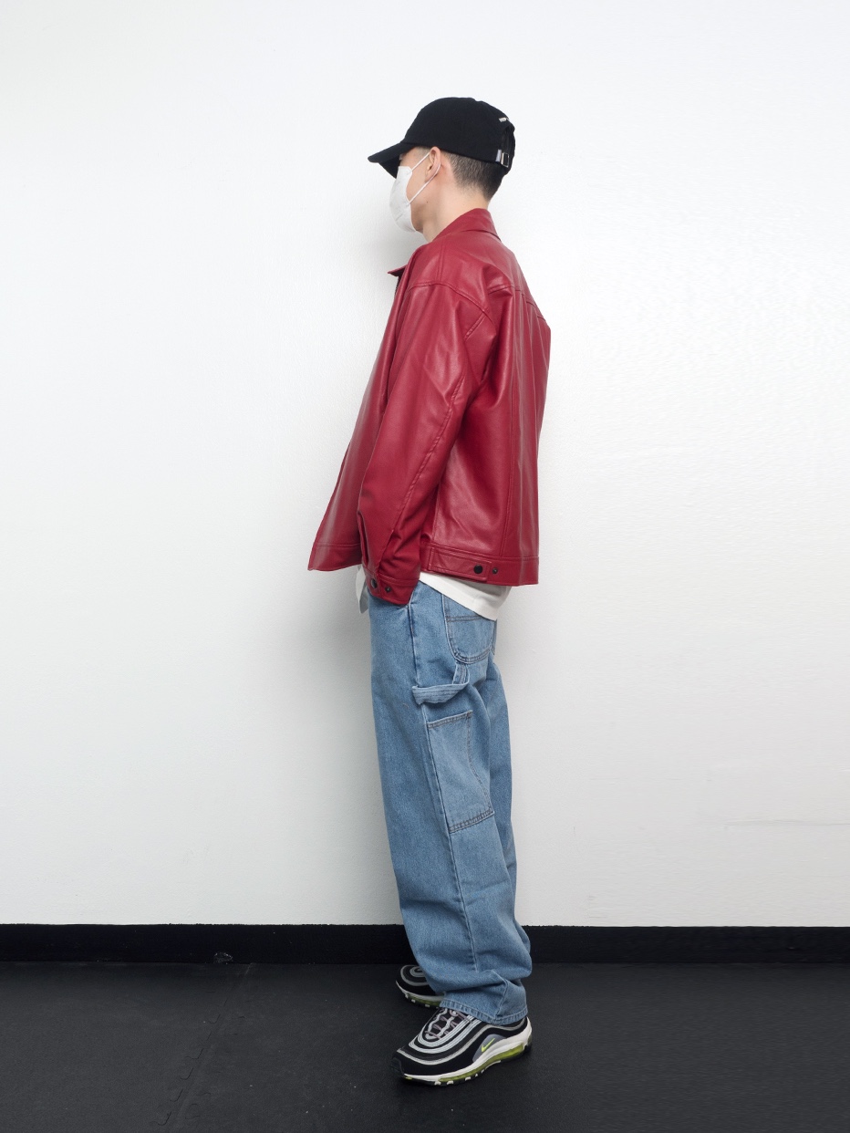 QT8 Garments TL Synthetic Leather Single Jacket Red, QT8 Garments TL Denim Carpenter Pant Blue 착용 스타일 - 2