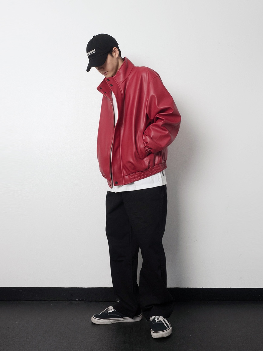 QT8 Garments TL Synthetic Leather Hidden Jacket Red, QT8 GARMENTS BN I.T Logo Ball Cap Black 착용 스타일 - 1