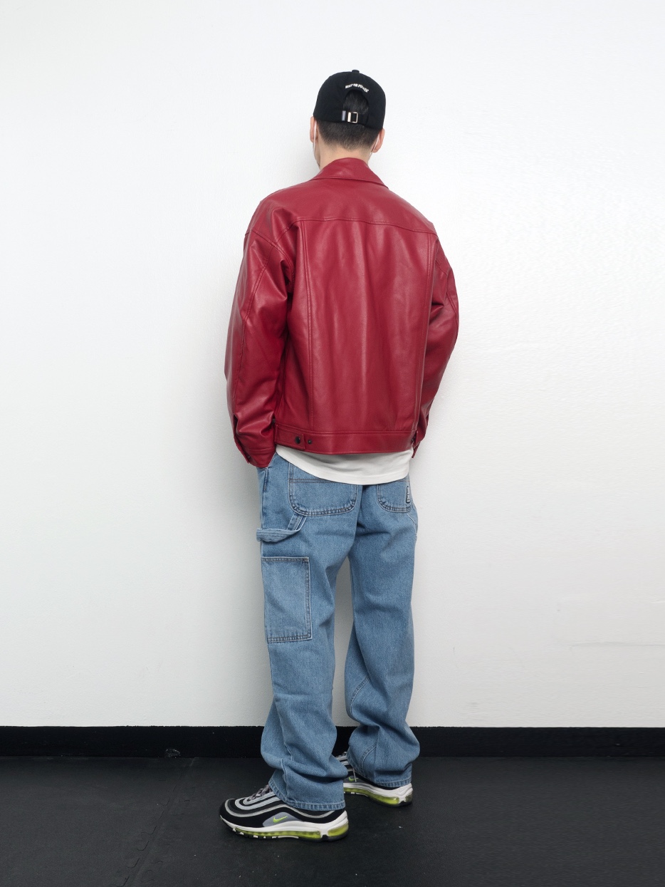 QT8 Garments TL Synthetic Leather Single Jacket Red, QT8 Garments TL Denim Carpenter Pant Blue 착용 스타일 - 3
