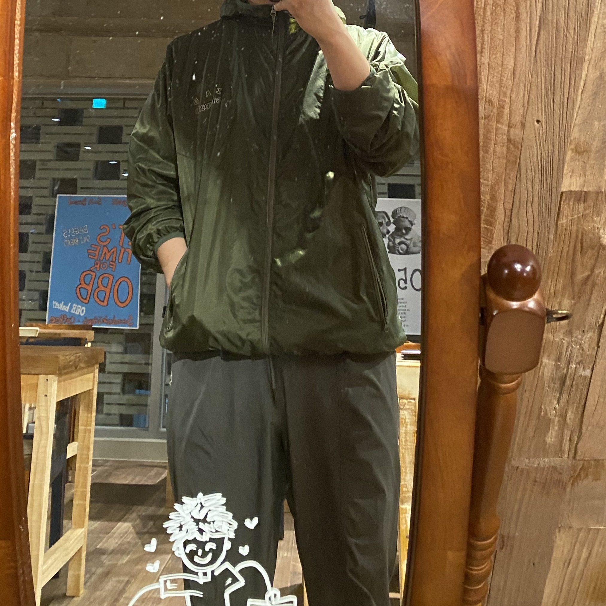 IAB Studio Ripstop Wind Jacket Deep Green, Ader Error Sig; TRS/BL Tag Cap 03 Noir 착용 스타일