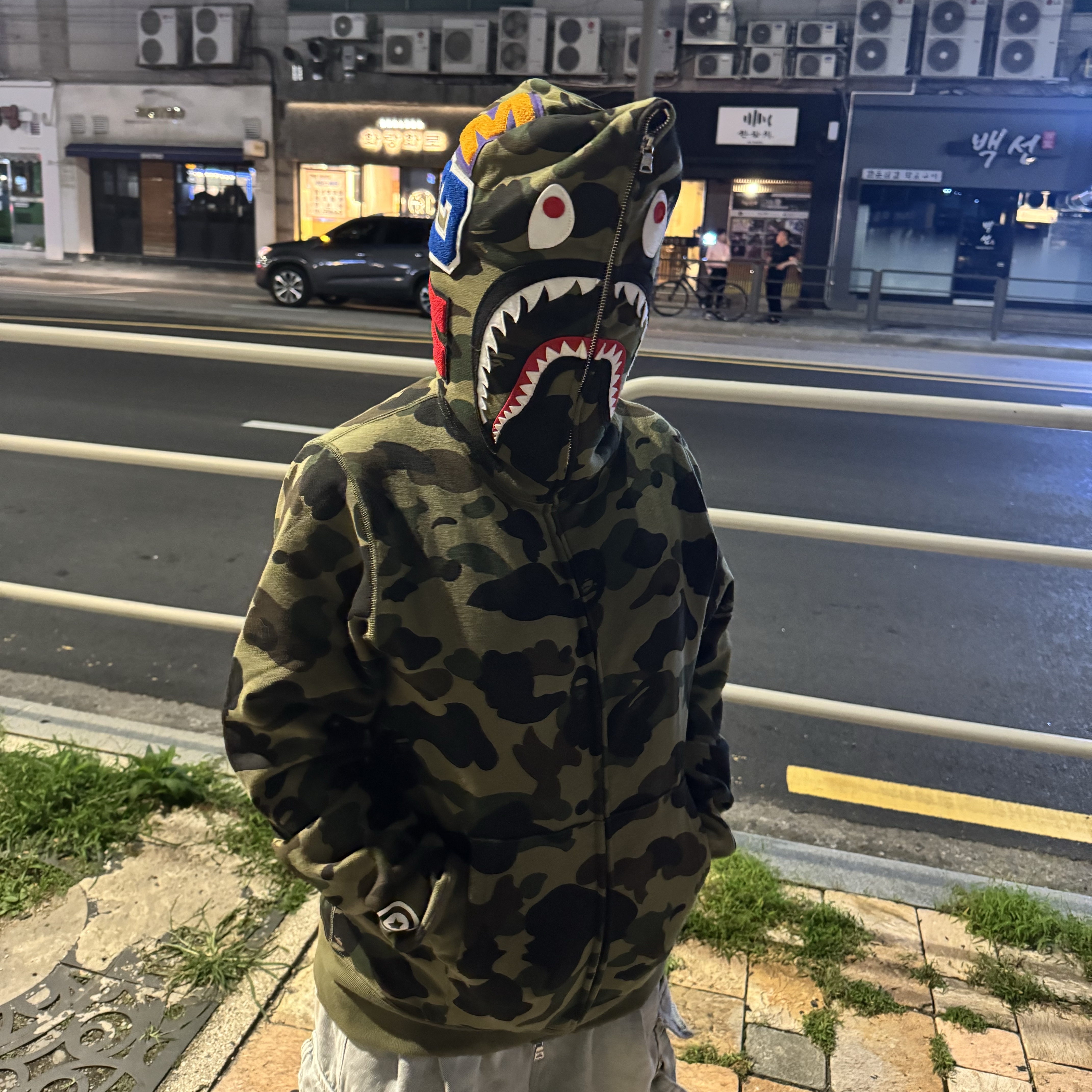 BAPE 1st Camo Shark Full Zip Hoodie Army Green 착용 스타일