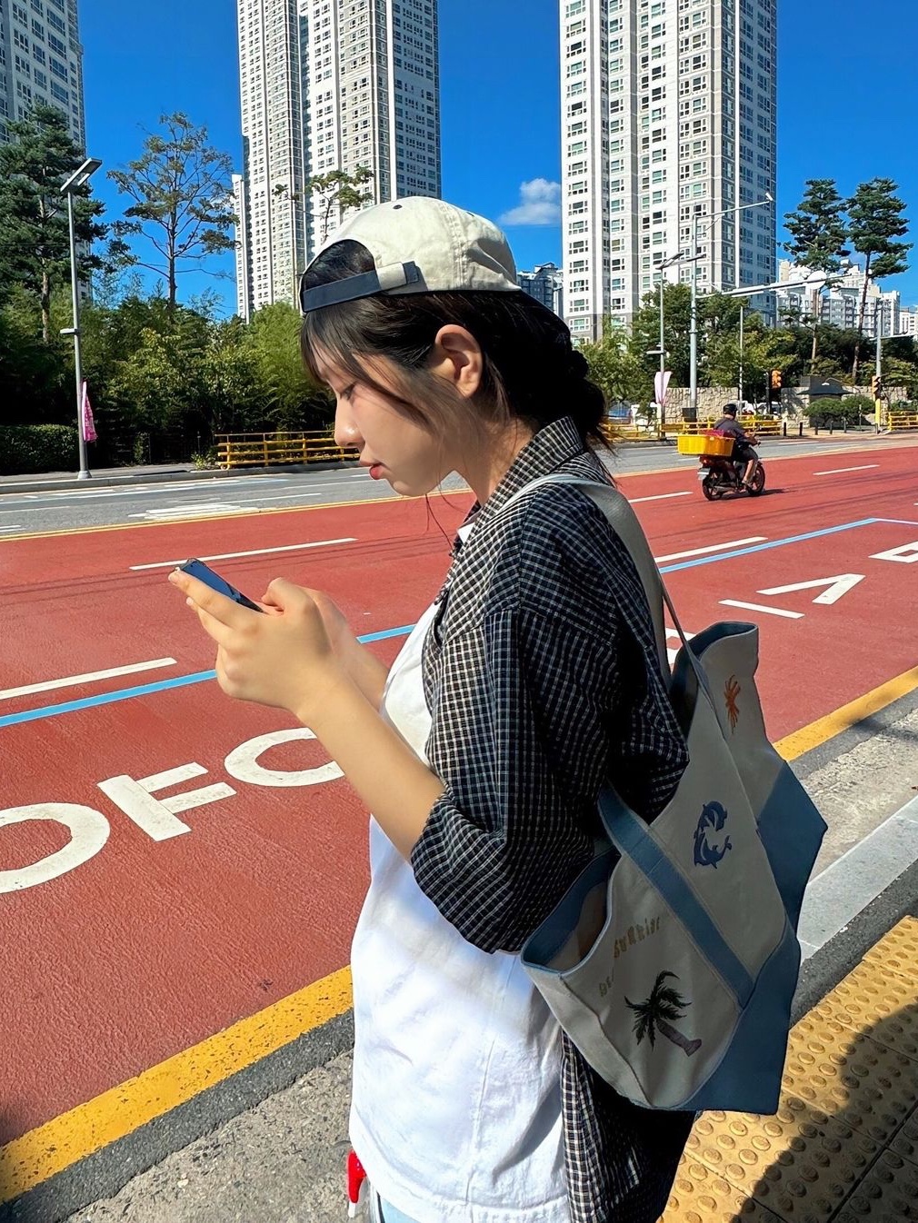 HS x Hank Canvas Tote Bag Sky Blue 착용 스타일