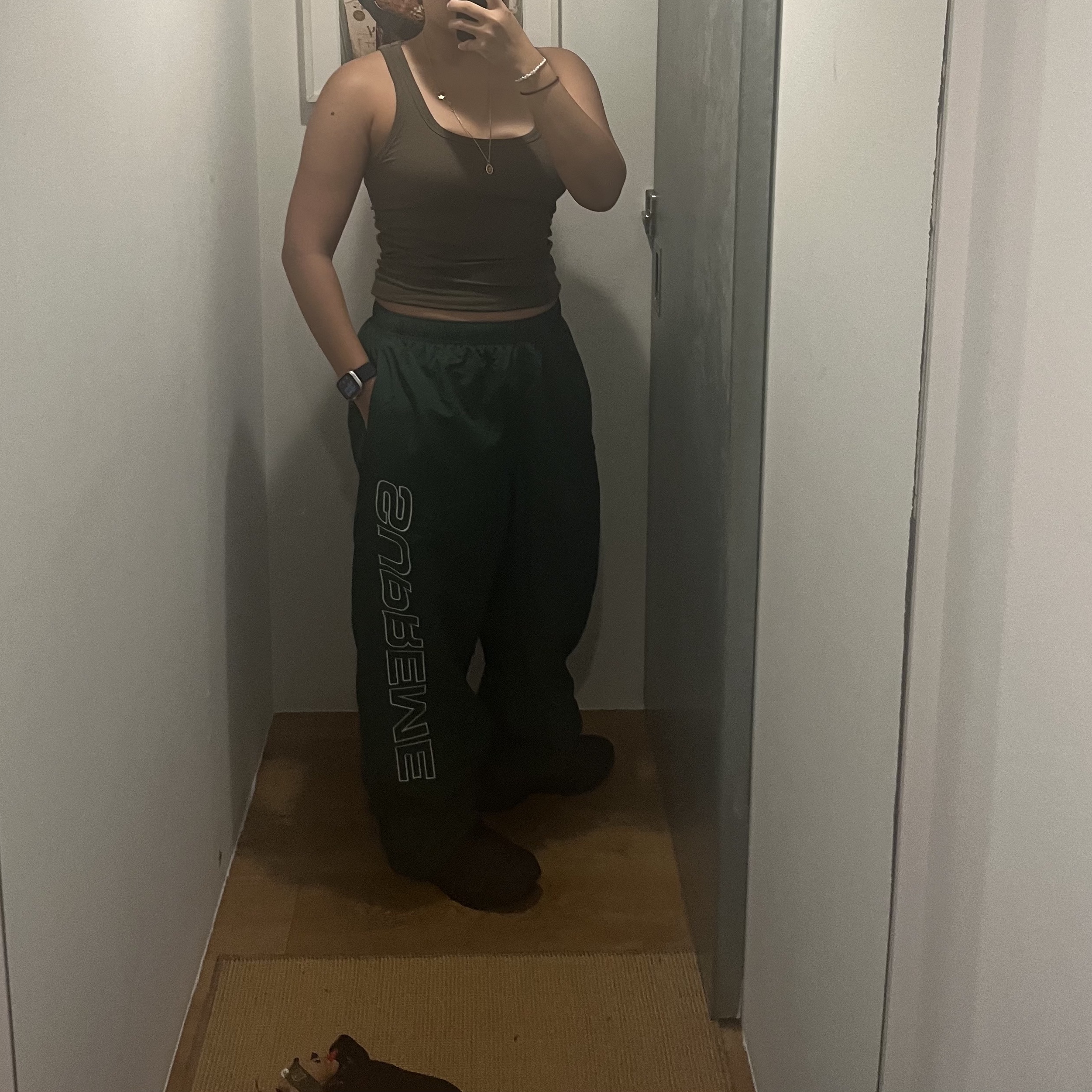 Supreme Spellout Embroidered Track Pant Dark Green - 24FW 착용 스타일