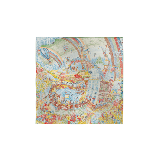 (W) Hermes Les Folies Du Faubourg Scarf 90 Jaune Vif Rouge Marron