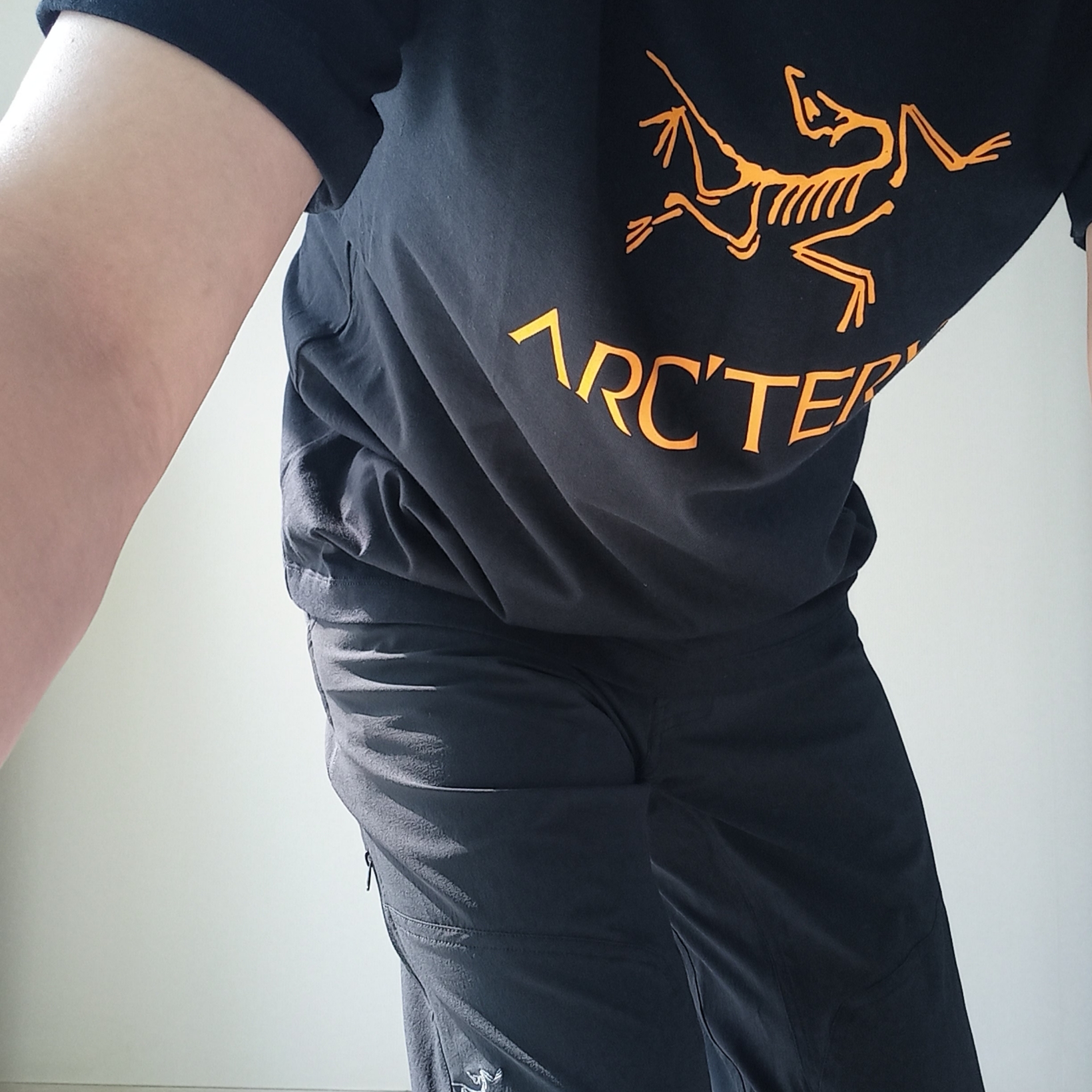 Arc'teryx Arc'word Logo SS T-Shirt Black II, Arc'teryx Cronin Pants Black 착용 스타일 - 7