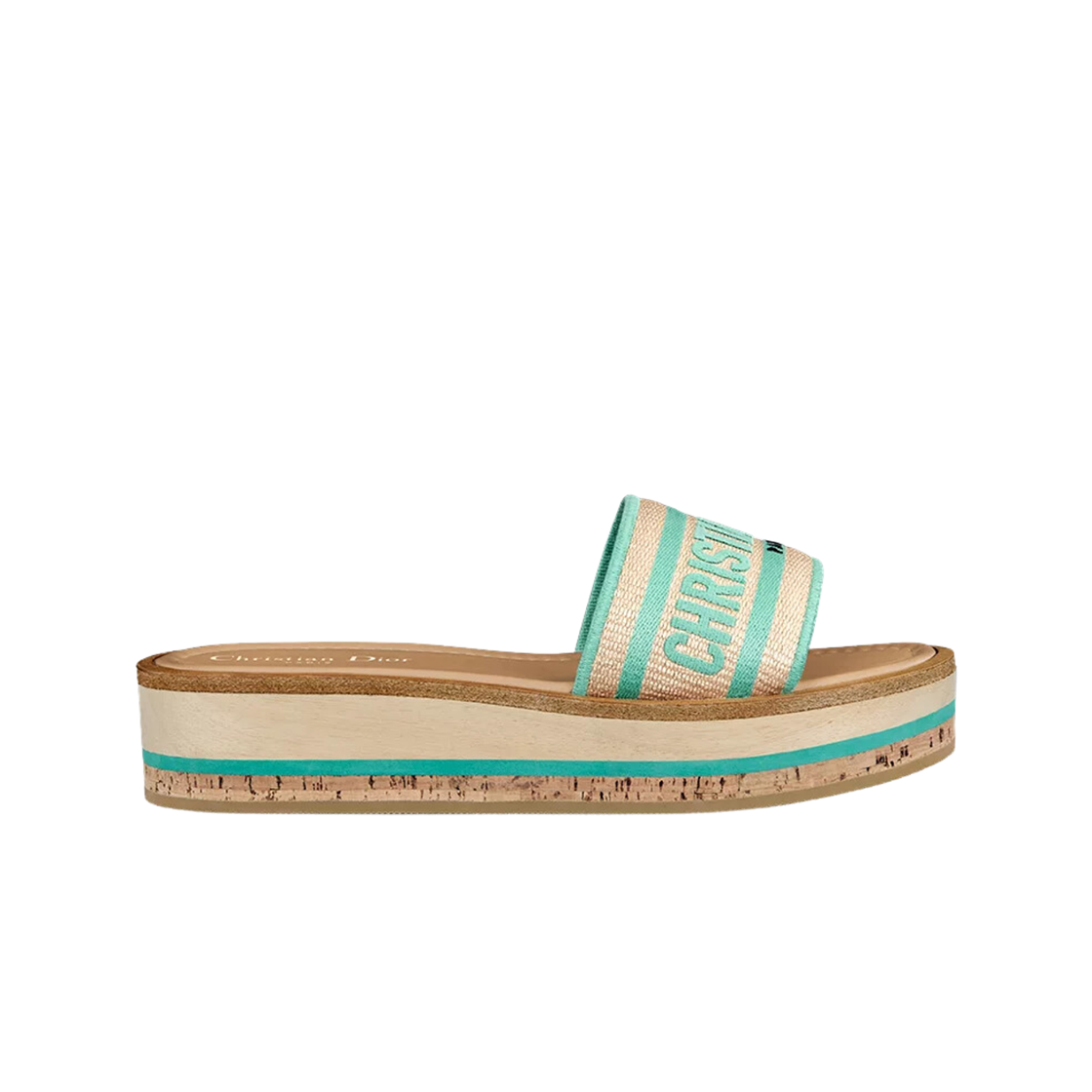 KCO052ECJ-S68H (W) Dior Dway Platform Slide Embroidered Cotton Natural Raffia Aquamarina