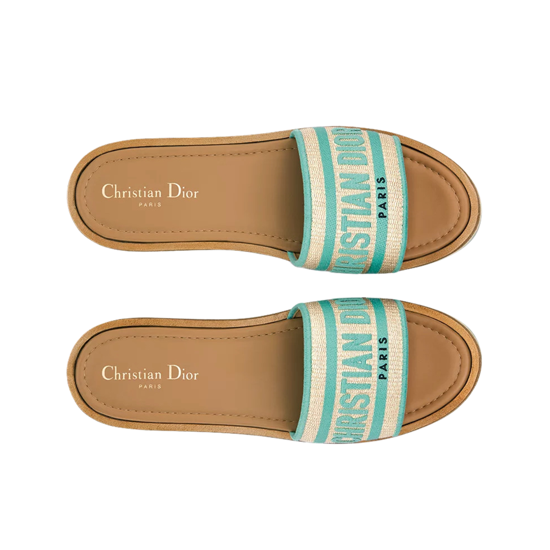 (W) 디올 디웨이 플랫폼 슬라이드 자수 코튼 내츄럴 라피아 아쿠아마리나((W) Dior Dway Platform Slide Embroidered Cotton Natural Raffia Aquamarina) - 2
