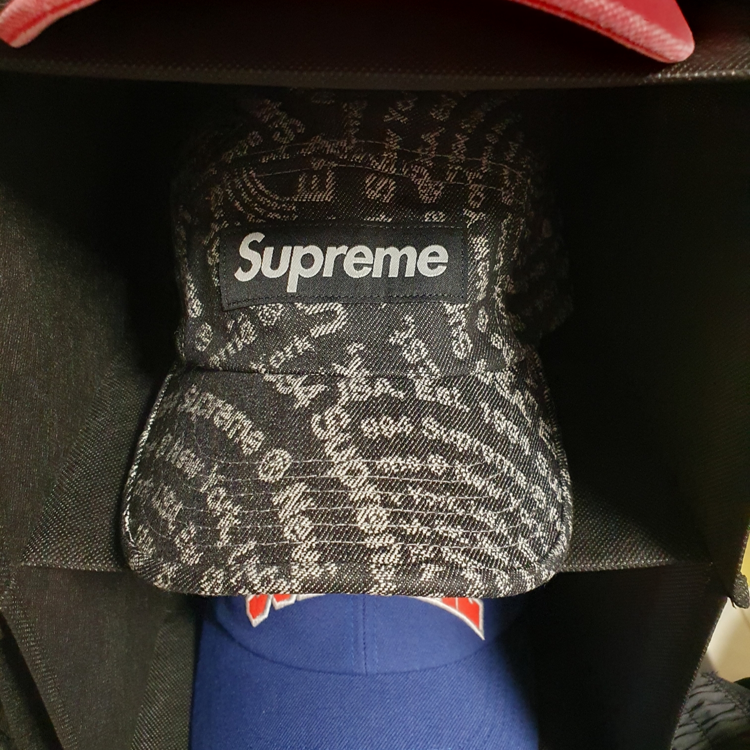 Supreme Circles Jacquard Denim Camp Cap Black - 21FW 착용 스타일