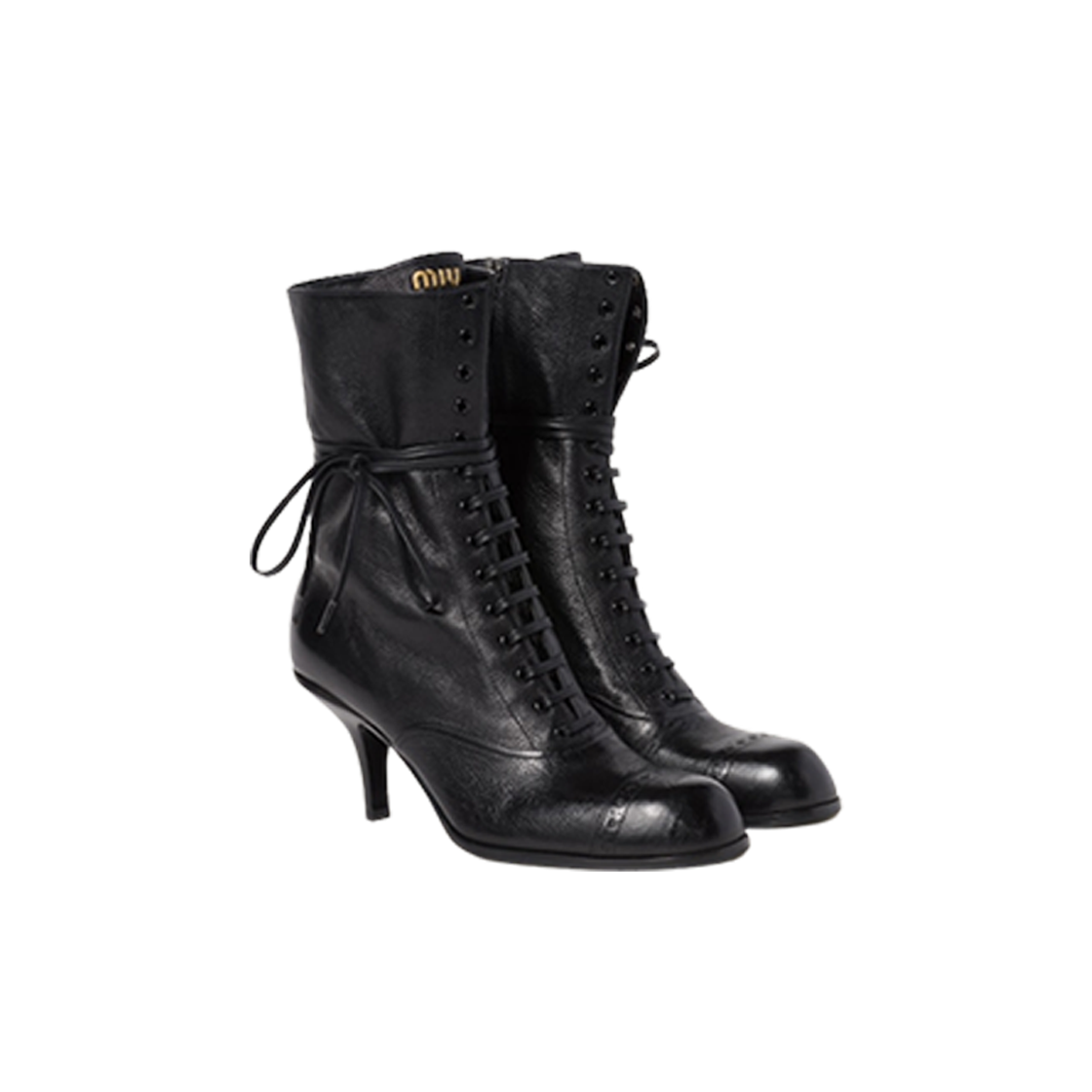 (W) 미우 미우 레더 레이스드 부티 블랙((W) Miu Miu Leather Laced Booties Black) - 1